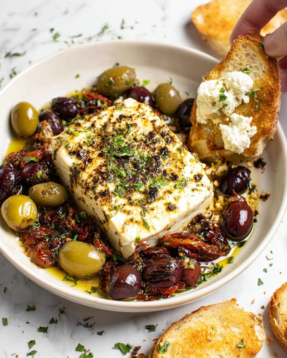 The image shows a white round dish with a thick rectangular block of baked cheese in the center, topped with green herbs and black seasonings. Around the cheese, there are many green and dark purple olives mixed with small garlic pieces and sun-dried tomatoes, all soaked in a golden oil. A toasted bread slice is on the right side of the dish, with some crumbled cheese spread on top. The dish is placed on a white marbled surface with small green herb pieces sprinkled around. A woman's hand is seen gently holding the edge of the toasted bread slice. Photo taken with an iphone --ar 4:5 --v 7