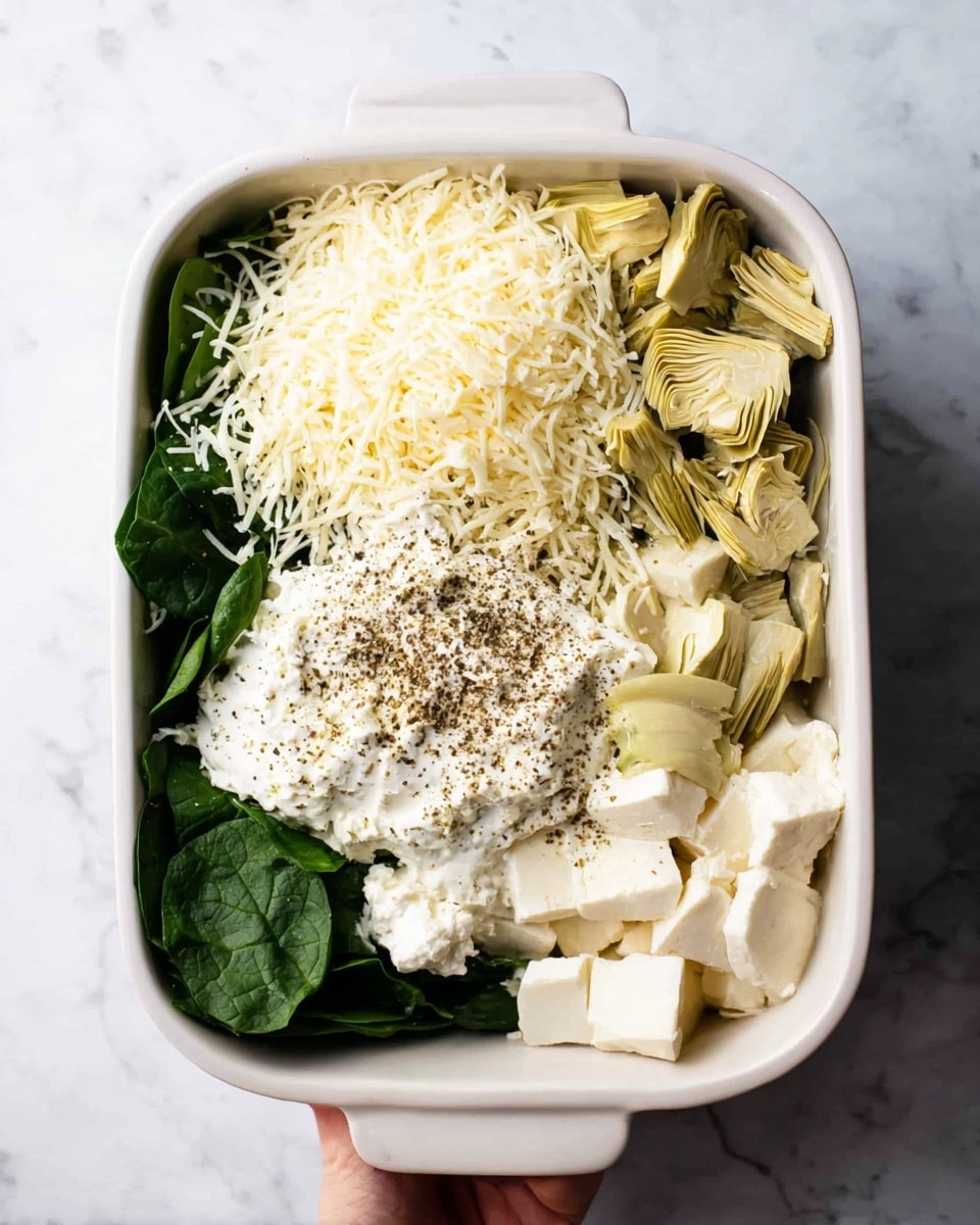 A white rectangular baking dish is filled with layers of fresh spinach leaves at the bottom left corner. On top of the spinach, there is a layer of shredded white cheese and a layer of grated pale yellow cheese next to it. To the right, there are chunks of soft white cheese and quartered green artichoke hearts. In the center, a dollop of white creamy mixture is sprinkled with ground black pepper. The dish sits on a white marbled surface, and a woman's hand is holding the dish from the bottom right corner. Photo taken with an iphone --ar 4:5 --v 7