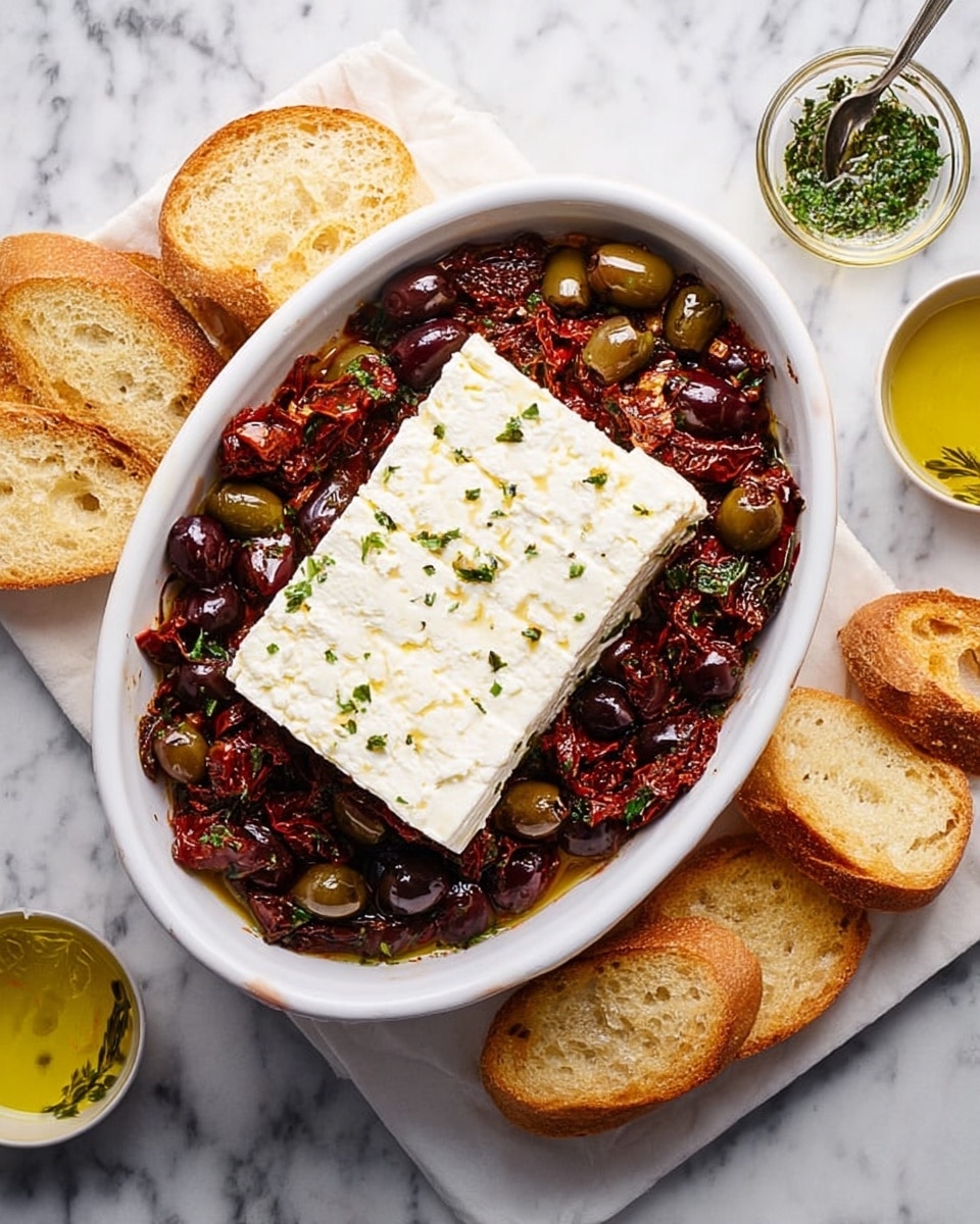 A white oval dish is filled with a base layer of dark red sun-dried tomatoes mixed with green and black olives, creating a mix of deep red, green, and dark purple colors with a glossy texture. On top at the center sits a thick, rectangular white block of feta cheese with slight cracks showing its crumbly texture. Around the dish, toasted slices of light golden brown bread are placed on a white marbled surface, and small containers of olive oil and herbs are visible near the top left and right sides. Photo taken with an iphone --ar 4:5 --v 7