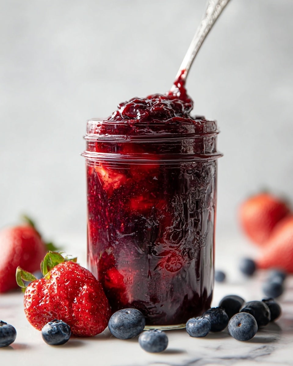 The image shows a glass jar filled with a chunky red berry sauce, with visible whole blueberries and soft red fruit pieces inside the sauce. A silver spoon scoops some of the bright red mixture, showing a thick and shiny texture. Around the jar, fresh whole strawberries and blueberries are scattered on a white marbled surface, with a white bowl filled with strawberries partially visible on the right side. The scene is bright and fresh, focusing on the rich red colors of the sauce and berries. Photo taken with an iphone --ar 4:5 --v 7