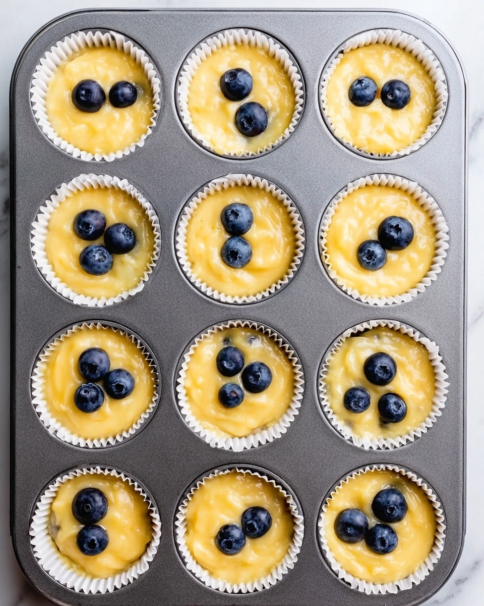 The image shows a metal muffin tray holding nine white paper liners filled with yellow muffin batter. Each batter portion is smooth and glossy with a creamy texture, spread evenly inside the liners. On the surface of the batter, there are fresh blueberries placed in groups ranging from one to three per muffin, with their deep blue color contrasting against the yellow batter. The tray is set on a white marbled surface, creating a clean and bright background. photo taken with an iphone --ar 4:5 --v 7