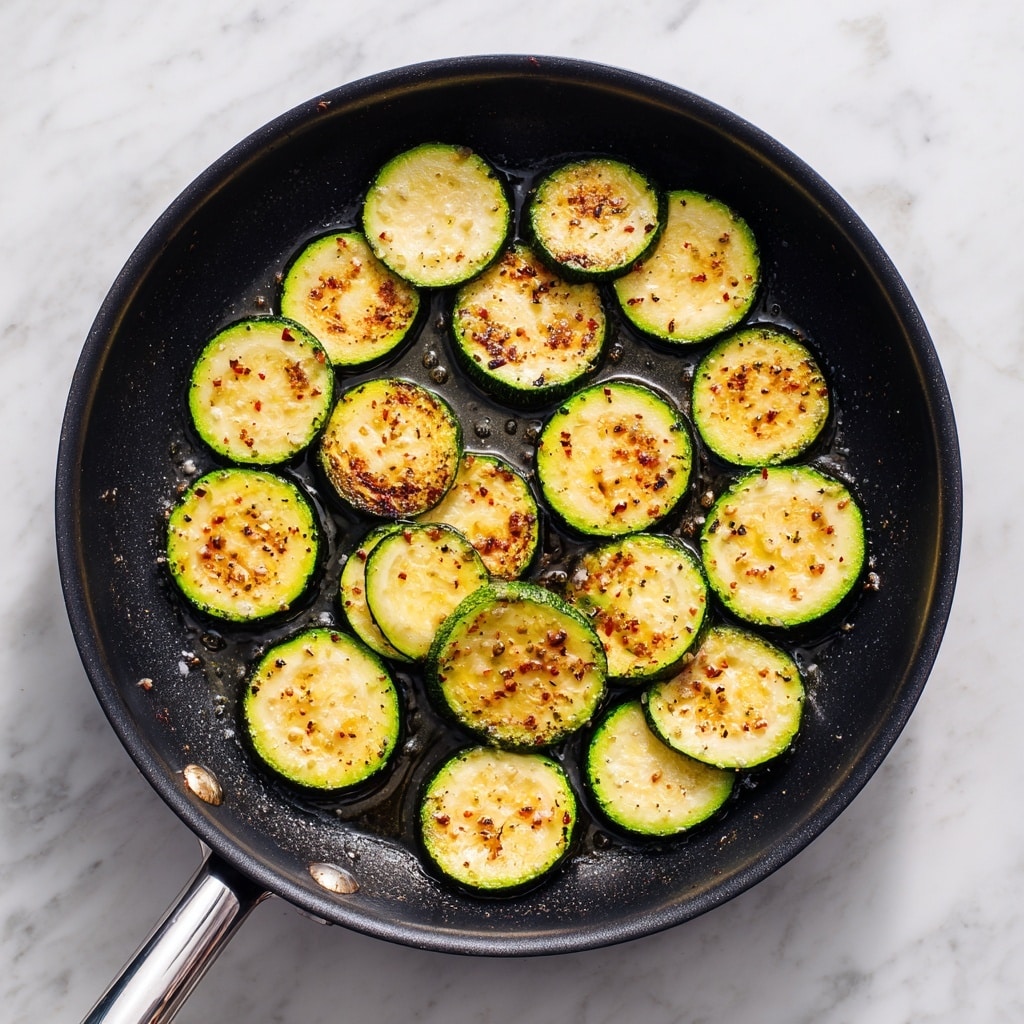 The image shows a black frying pan filled with several round slices of cooked zucchini. Each slice has a green outer edge with a light yellow center and is evenly browned on the surface with small browned spots. The slices are spread across the pan in a single layer, with a light glistening of oil visible. The pan has a shiny silver handle, and the background surface is a white marble texture photo taken with an iphone --ar 4:5 --v 7