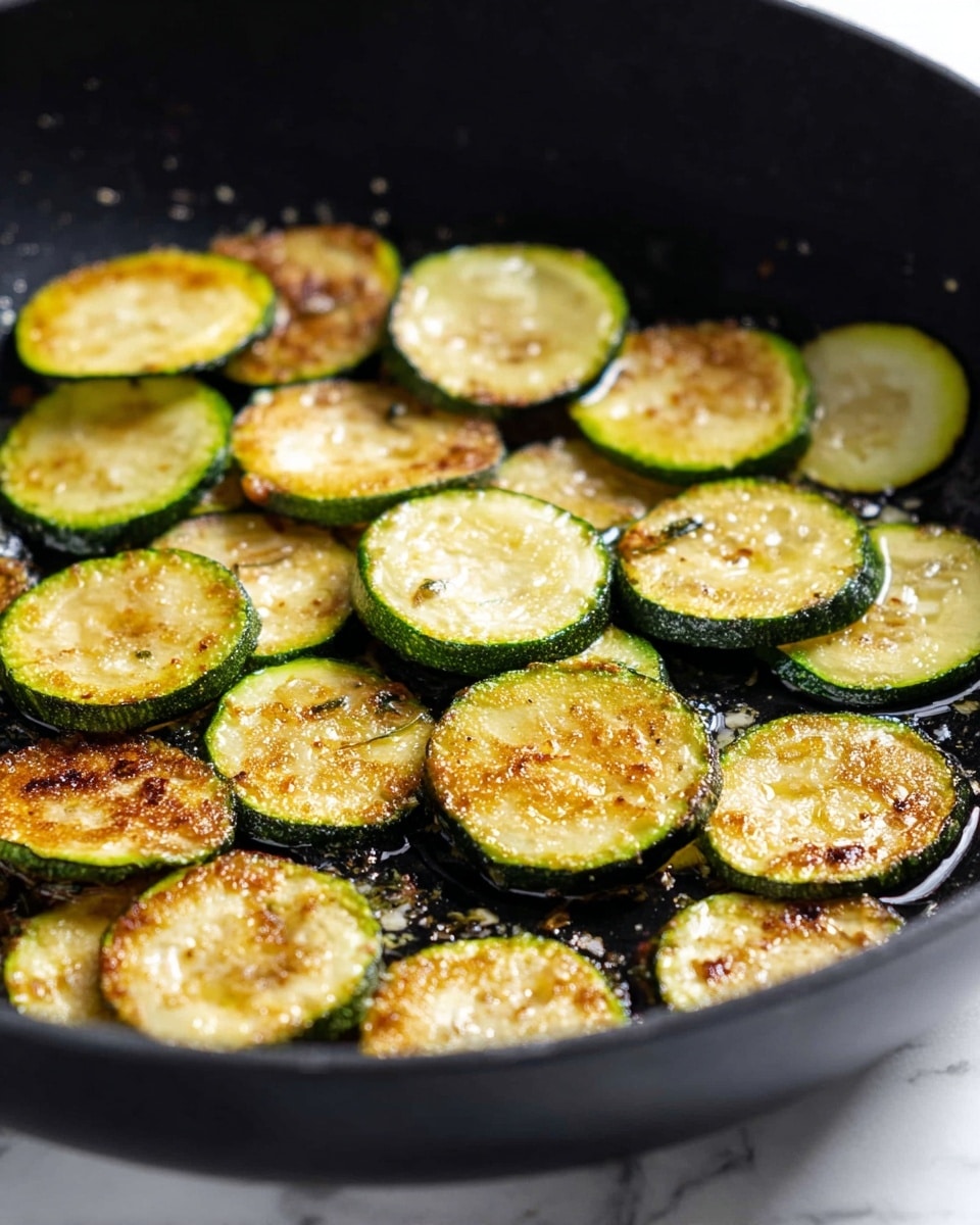 A close-up view of a black pan filled with several thin round slices of cooked zucchini. Each slice has a green edge with light golden brown, crispy textures and small browned spots on the surface, suggesting they are fried or sautéed. Some slices show slight oil glistening, with bits of seasoning visible on the zucchini and pan. The background beneath the pan is a white marbled texture. Photo taken with an iphone --ar 4:5 --v 7