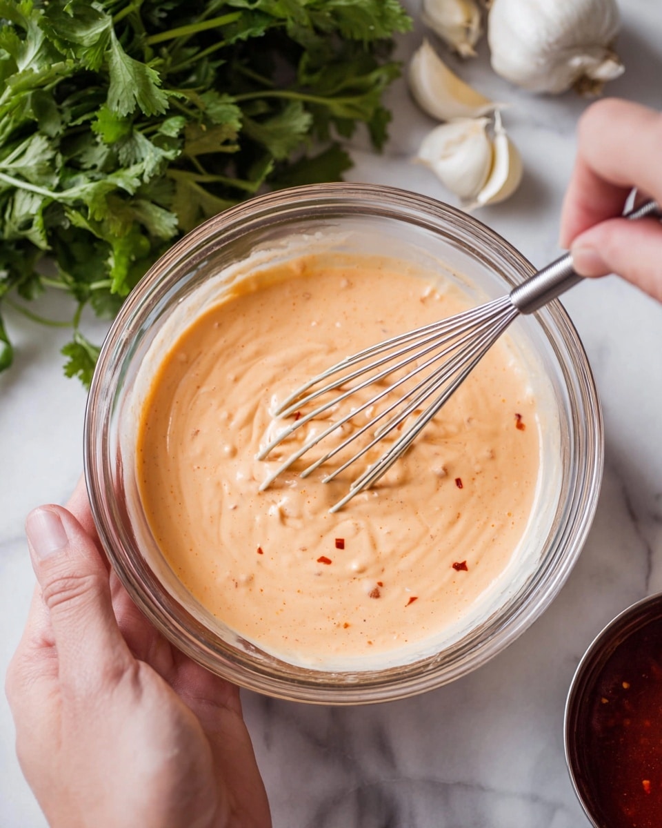 A close-up image of a clear glass bowl filled with creamy light orange sauce. The sauce has a smooth and thick texture with small red specks mixed in. A woman's hand is holding the bowl from the bottom left side, and another woman's hand is holding a small metal whisk stirring the sauce on the right side. In the background, there is a bunch of fresh green leafy herbs and some whole white garlic cloves placed on a white marbled surface. A small metal measuring cup filled with thick dark red sauce is partially visible at the bottom right corner. photo taken with an iphone --ar 4:5 --v 7
