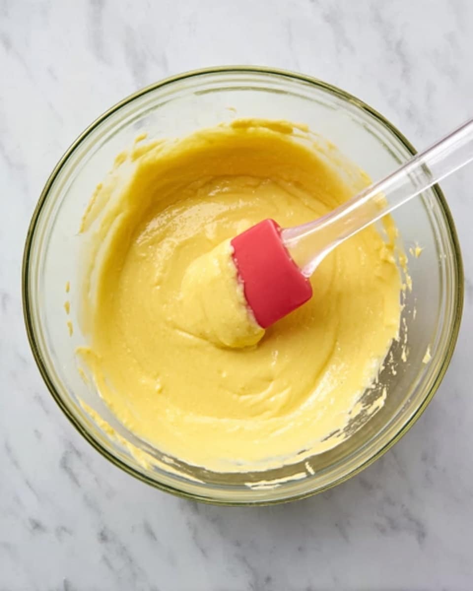 A clear glass bowl sitting on a white marbled surface holds a smooth, thick yellow batter. A clear spatula with a red silicone head is resting in the bowl, partially submerged in the batter, showing the texture as creamy and slightly thick. The inside rim of the bowl has small streaks of the yellow mixture. photo taken with an iphone --ar 4:5 --v 7