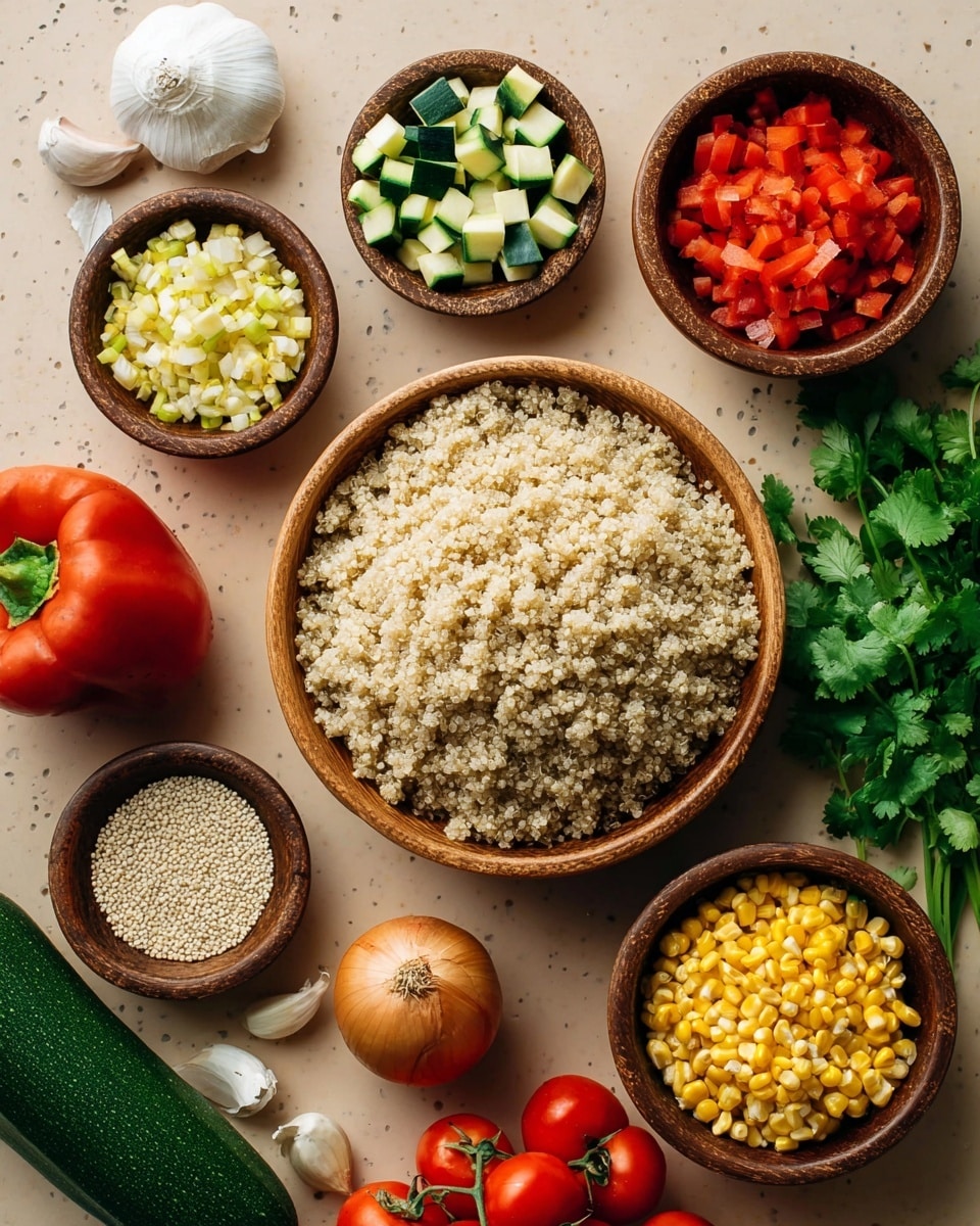 A top-down view of multiple wooden bowls arranged on a white marbled surface, with the largest bowl in the center filled with light beige cooked quinoa grains with a fluffy texture. Surrounding it are smaller bowls holding chopped green zucchini, bright yellow corn kernels, raw quinoa seeds, red bell pepper pieces, and fresh cilantro leaves. Around the bowls, fresh vegetables including a bunch of leafy green cilantro, a whole brown onion, a red bell pepper, and clusters of red tomatoes on the vine add vibrant color. A head of garlic with white cloves and a few loose garlic pieces rest at the bottom left corner. The layout balances earthy tones with pops of bright green, yellow, and red. Photo taken with an iphone --ar 4:5 --v 7