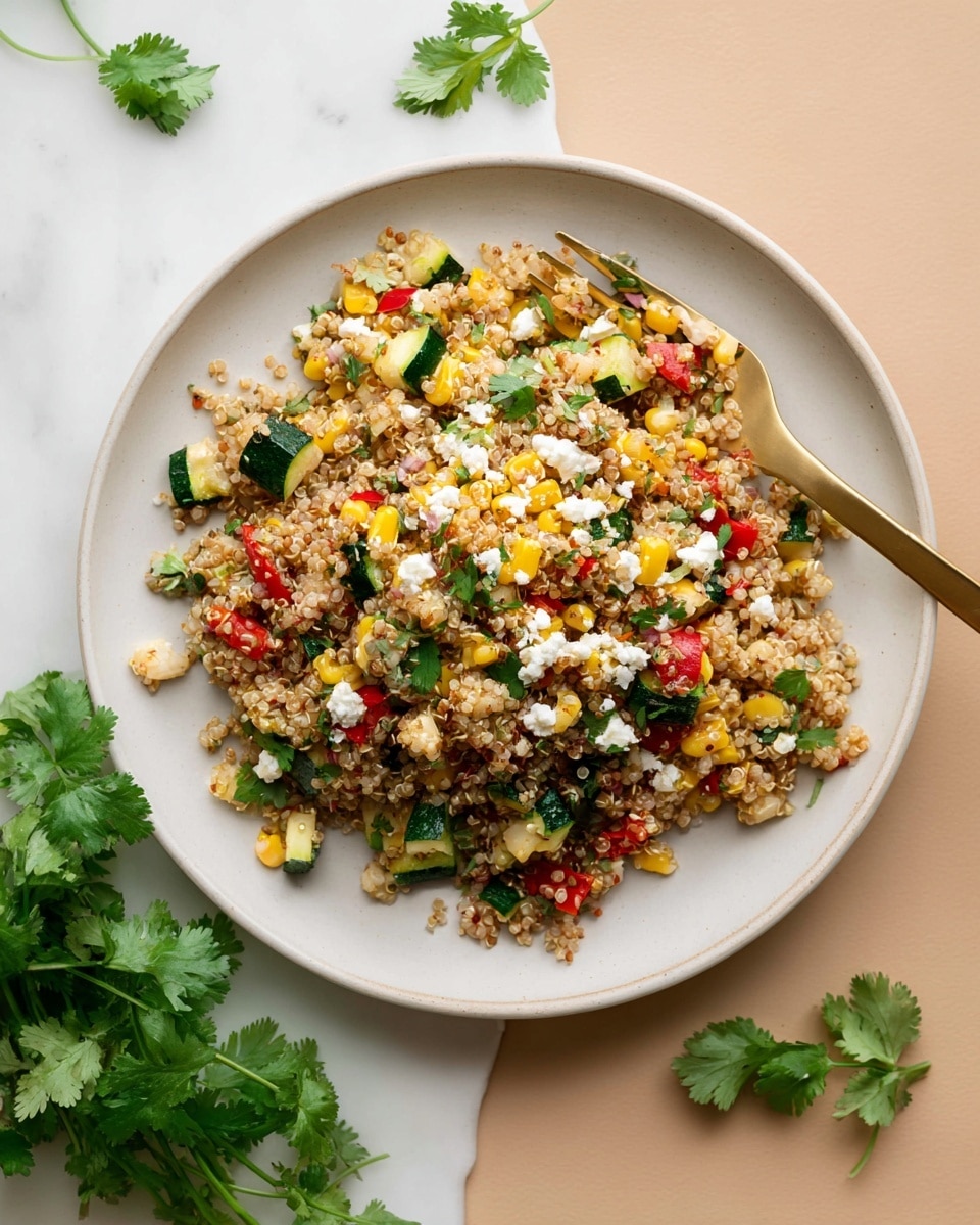 A white plate on a white marbled surface holds a colorful quinoa salad composed of about four layers mixed together: a base of fluffy, light tan quinoa grains; scattered bright yellow corn kernels; diced green zucchini pieces; small red bell pepper cubes; and finely chopped green herbs sprinkled throughout. White crumbled cheese is dotted over the mix, adding contrast. A gold fork rests partially in the salad on the right side. Around the plate, fresh green cilantro leaves lay on the white marbled surface. Photo taken with an iphone --ar 4:5 --v 7