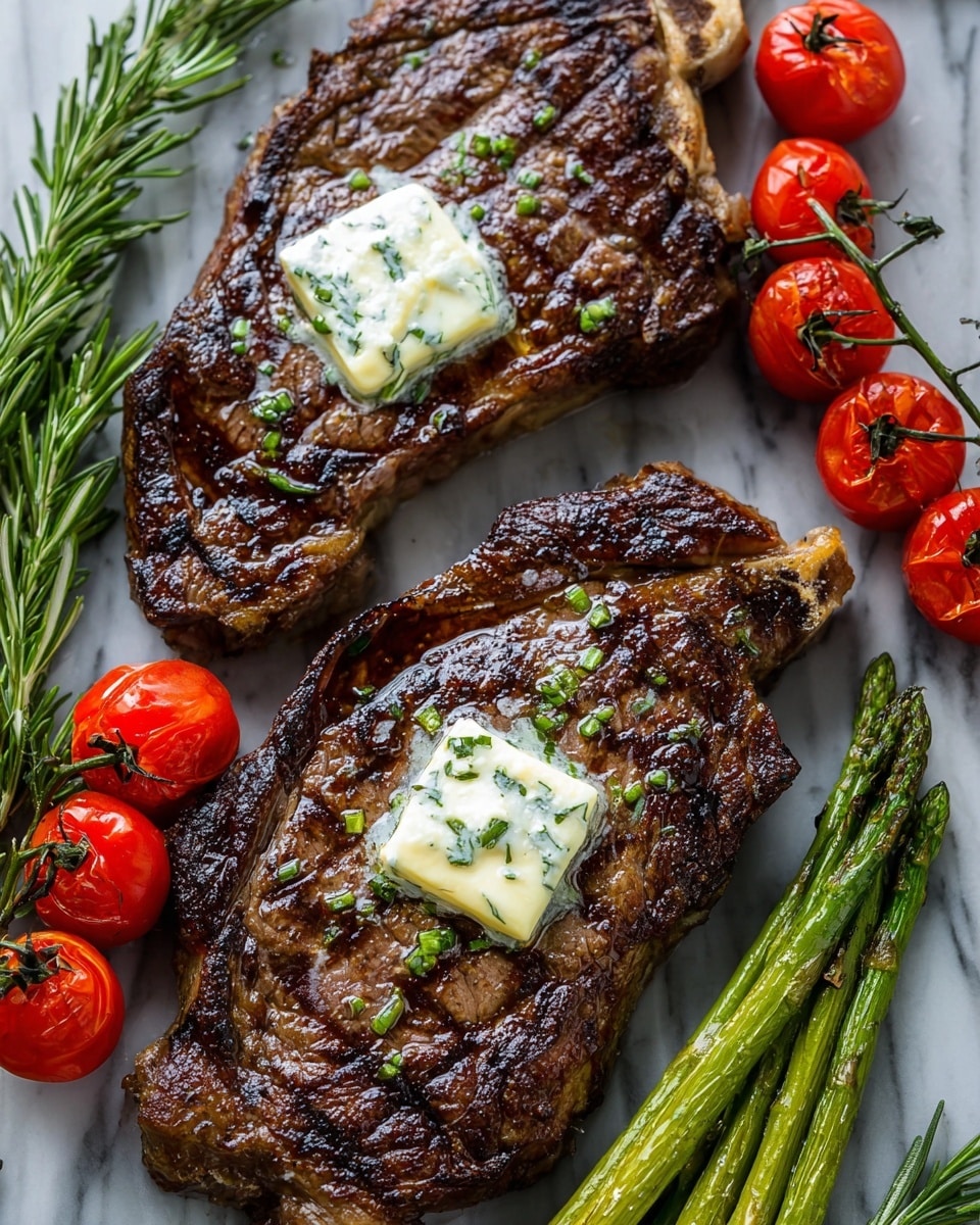 The image shows a dish with a sliced steak placed in the middle of a round white plate. The steak is cooked with a browned, slightly charred outside and sprinkled with small green herb pieces. To the right, several bright green grilled asparagus stalks lay side by side with visible grill marks. On the top left of the plate, three roasted cherry tomatoes with wrinkled skin still attached to green stems add a pop of red color. A sprig of fresh rosemary is placed above the steak next to the tomatoes. The dish rests on a white marbled surface. Photo taken with an iphone --ar 4:5 --v 7