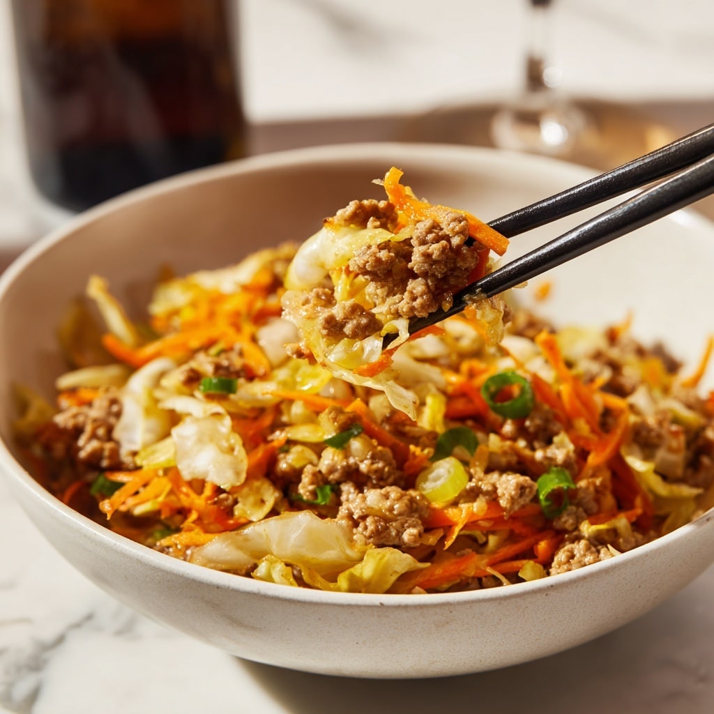 A close-up view of black chopsticks holding a bite of a dish with three visible layers: a base layer of brown cooked ground meat with crumbly texture, a middle layer of thin soft beige-yellow cabbage strips mixed with thin orange carrot strips, and a top layer of thin light golden-brown cooked onions; the dish is in a white bowl filled with the same three-layer mix, scattered with small bits of bright green chopped vegetables, all placed on a white marbled surface, with a blurred dark bottle in the background, photo taken with an iphone --ar 4:5 --v 7