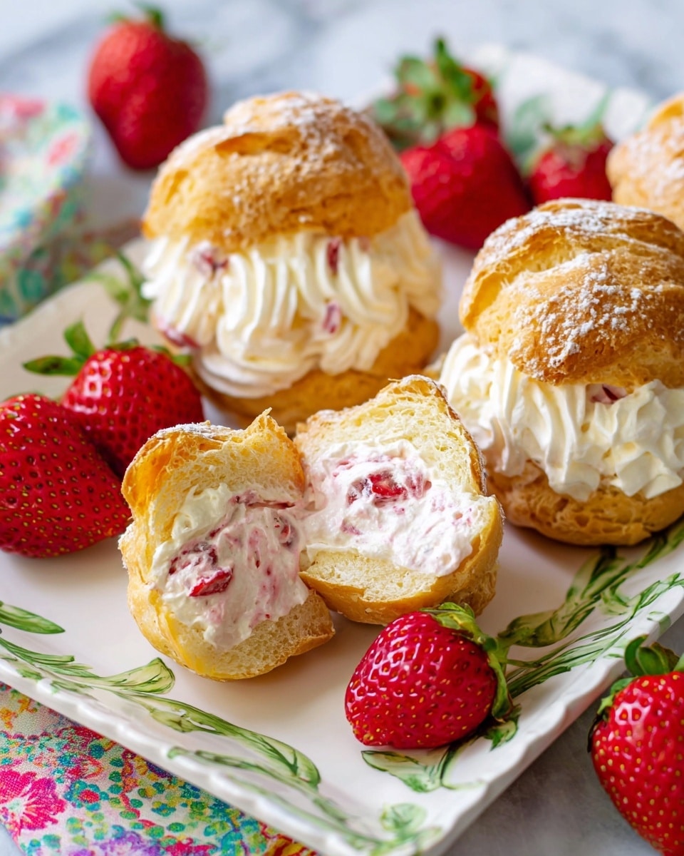 The image shows cream-filled cream puffs on a white tray with green leaf patterns. Each puff has two golden brown, round layers on top and bottom, with a thick swirl of white cream mixed with small red strawberry pieces in the middle. One puff is split open, showing the creamy filling inside the soft, airy pastry. Around the puffs are fresh bright red strawberries with green leaves. The tray rests on a colorful, floral cloth and the background is a white marbled texture. photo taken with an iphone --ar 4:5 --v 7