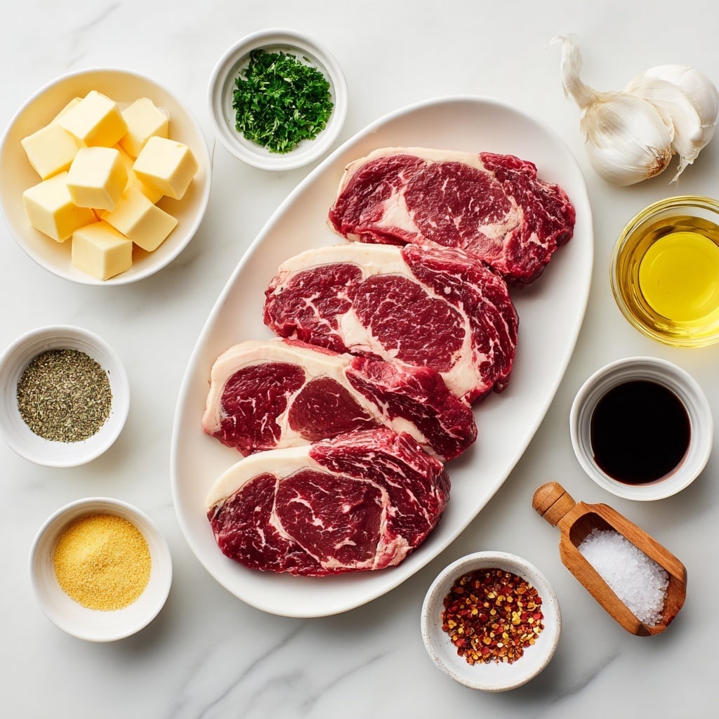 The image shows a white oval dish with four raw ribeye steaks arranged in a slightly overlapping stack, showing deep red meat with veins of white fat marbling. Surrounding the plate on a white marbled surface are small white bowls and glass bowls with various cooking ingredients: a bowl with pale yellow butter cut into squares, a small bowl of chopped green parsley, a small bowl of dried Italian seasoning with mixed brown and green herbs, small bowls of yellow garlic powder and light tan onion powder, a white bowl with golden olive oil, a white bowl with dark soy sauce, a bowl with dark Worcestershire sauce, a small white bowl of red pepper flakes, a glass bowl with minced garlic, and small containers of salt and black pepper, each with tiny wooden scoops. There is also a small white bowl with pale yellow lemon juice. Each ingredient is labeled in large black text above or beside the containers. The whole scene is lit evenly and neatly arranged. Photo taken with an iphone --ar 4:5 --v 7