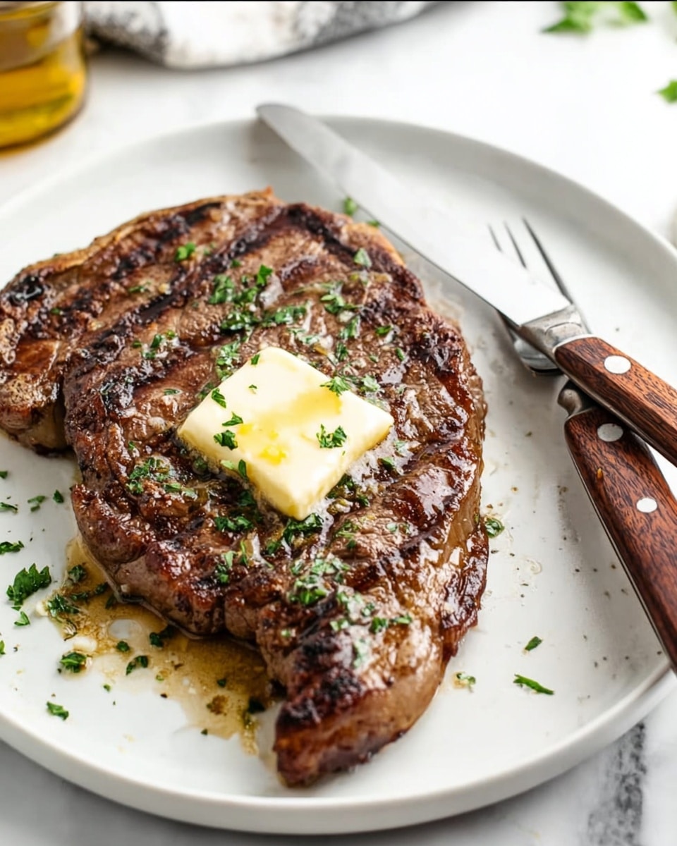 A cooked steak with grill marks sits in the center of a white plate. The steak has a rich brown color with a slightly shiny surface from its juices. A square piece of melting light yellow butter rests on top in the middle of the steak. Small green parsley pieces are sprinkled over the steak and plate. On the right side of the plate, a fork and knife with wooden handles rest, partially on the steak. The plate is on a white marbled surface with some blurred elements in the background. Photo taken with an iphone --ar 4:5 --v 7