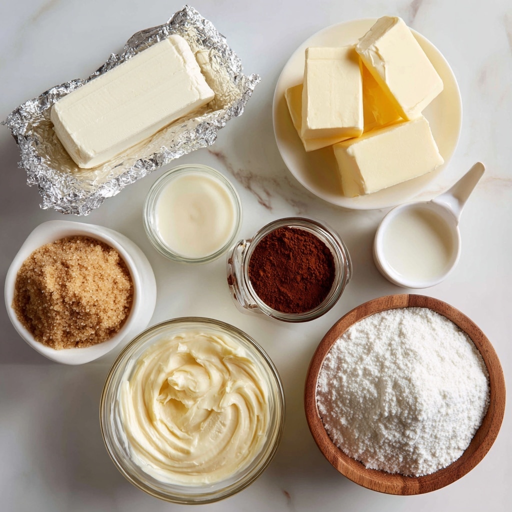 The image shows various baking ingredients arranged on a white marbled surface. On the left, an opened silver foil wraps a block of cream cheese, white in color with a smooth texture. Below it, a clear glass bowl holds pale yellow butter cut into two blocks. Next to it, a white bowl contains a creamy liquid labeled half & half. In the center, a small clear glass jar with a spoon holds deep brown cinnamon powder. Surrounding these are two small white bowls labeled with clear vanilla in liquid form. On the right, a white bag contains white vanilla cake mix, and next to it an opened can reveals thick, pale yellow sweetened condensed milk. At the bottom left, in a small glass bowl, light brown sugar with a rough texture is shown. Finally, a round wooden bowl filled with white powdered sugar completes the display. All ingredients have clear black text labeling their amounts and names. Photo taken with an iphone --ar 4:5 --v 7