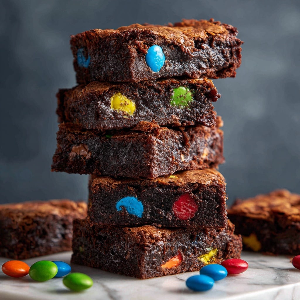 The image shows two square pieces of dark brown brownies topped with many colorful candy-coated chocolates in bright red, orange, yellow, green, blue, and brown scattered on the surface. Each brownie has a thick bottom layer of dense chocolate with a rough, slightly cracked texture and a glossy top layer tacked with the smooth and shiny round candies. The brownies rest on a white marbled surface with soft, natural light highlighting the rich colors and texture. Photo taken with an iphone --ar 4:5 --v 7