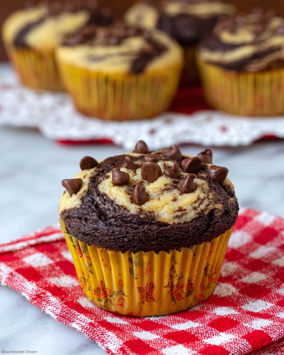 A close-up view of a chocolate chip muffin with two main layers: a bottom dark chocolate layer that is smooth and thick, and a top light-colored batter with a swirl pattern of dark chocolate mixed in, topped with small chocolate chips scattered over the surface. This muffin is in a yellow paper cup with a faint floral pattern. In the background, there are several similar muffins, slightly blurred, placed on a white lace doily sitting on a red and white checkered cloth, all set on a white marbled surface. photo taken with an iphone --ar 4:5 --v 7