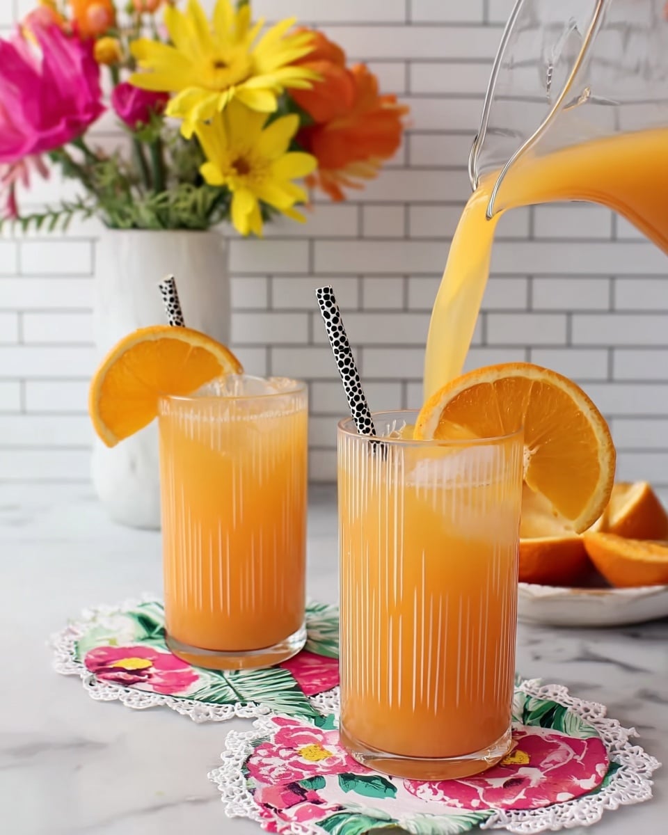 The image shows two tall clear glasses with a ridged, circular pattern on them, placed on colorful floral napkins with white lace doilies underneath, all on a white marbled surface. Each glass has a large orange slice on the rim and a black-and-white spotted straw inside. One glass is being filled with a light orange juice from a clear pitcher, creating a smooth flowing texture. In the background, there is a white vase filled with bright, colorful flowers including yellow, pink, and orange blooms, set against a white tiled wall. The scene is bright and fresh, with a summery feel. Photo taken with an iphone --ar 4:5 --v 7