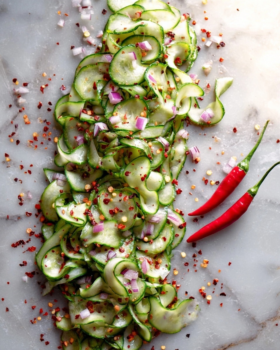 A white rectangular plate holds a fresh salad made mostly of thinly sliced, curly green cucumber ribbons that form soft, twisted layers across the plate. Scattered throughout are small pieces of purple-red onion and tiny red chili flakes, adding pops of color and texture. The salad looks lightly dressed with a shiny, clear coating that gives some parts a slight glisten. The plate rests on a white marbled surface. photo taken with an iphone --ar 4:5 --v 7