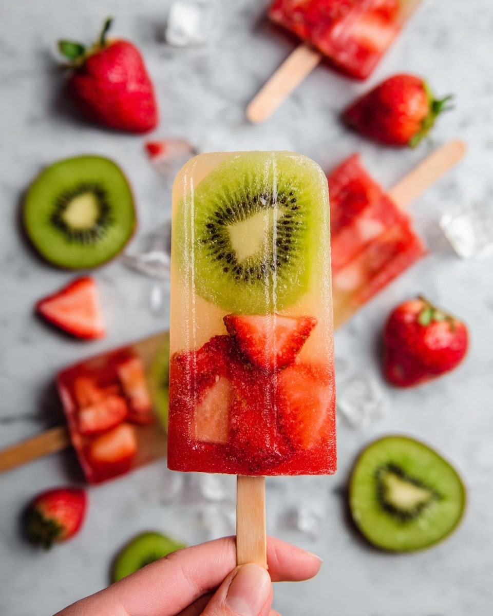 The image shows a close-up of a popsicle held by a woman's hand at the bottom center. The popsicle has two visible layers: the bottom layer is a bright red color with pieces of sliced strawberries embedded, and the top layer is a pale, translucent yellow with a large, round slice of kiwi facing forward, showing its green and black seed pattern. In the background, scattered on a white marbled surface are whole and sliced strawberries, several slices of kiwi, and some small ice cubes. Another similar popsicle lies blurred in the background on the right side. photo taken with an iphone --ar 4:5 --v 7