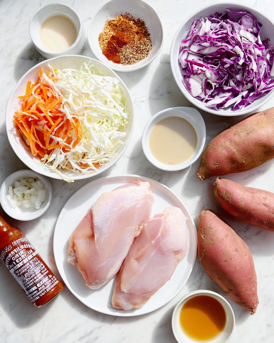 The image shows an arrangement of raw ingredients on a white marbled surface. There are two large pieces of raw chicken with a pale pink color on a white plate in the bottom center. To the left, a white bowl holds a mix of shredded vegetables, including white and purple cabbage and thin orange carrot strips. Above the chicken plate, there is a small white bowl with a mix of brown and reddish spices. Around these main elements, there are small white bowls with a light beige liquid, a creamy white sauce, chopped red onions, and a clear amber liquid. Two whole raw sweet potatoes with a reddish-brown skin lie to the right. A bottle of classic BBQ sauce is placed on the lower left side. The setting is bright with natural light, clearly showing all the textures and colors. Photo taken with an iphone --ar 4:5 --v 7