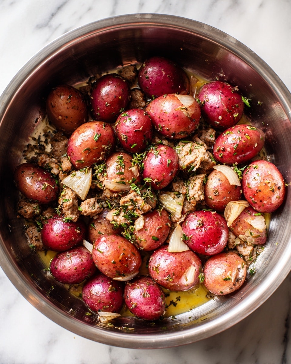 Inside a shiny metal pot, there is a layer of cooked small red potatoes with specks of herbs on their skin, arranged mostly around the sides. Below and between the potatoes, there are browned, herb-coated pieces of cooked meat that have a slightly crisp texture. The bottom shows some oil with tiny bits of herbs mixed in. The pot sits on a surface with a white marbled texture photo taken with an iphone --ar 4:5 --v 7