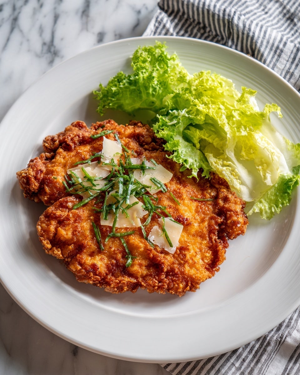 A white plate holds a single large piece of crispy, golden-brown fried chicken with a crunchy textured coating, topped with small green herb pieces and garnished with thin, pale shavings of cheese. On the top right side of the plate, there is a small pile of light green and pale yellow fresh lettuce leaves with a crisp texture. The plate is set on a white marbled surface with a striped cloth partially visible on the top right corner. photo taken with an iphone --ar 4:5 --v 7