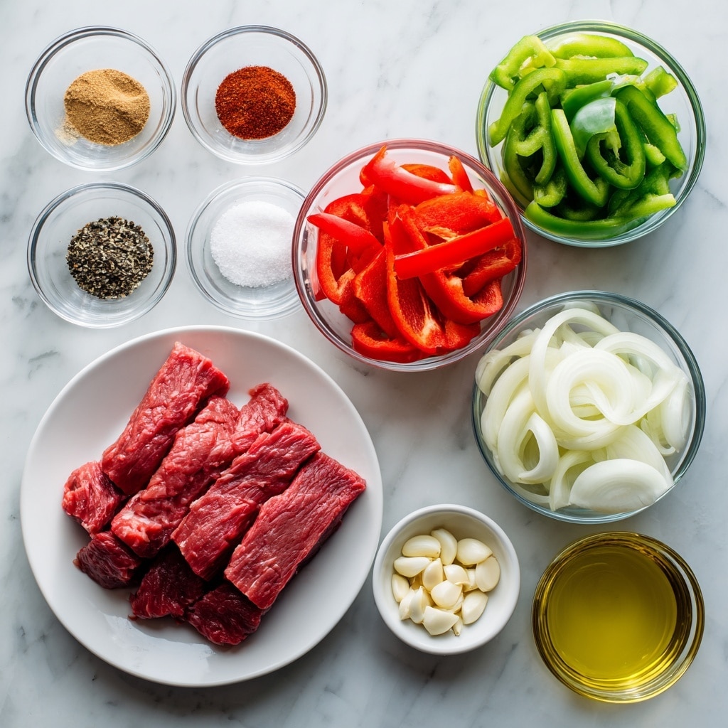 The image shows several clear glass bowls and one white plate arranged on a white marbled surface. Near the top left are three small bowls with different spices: one light brown, one dark red, and one medium red. Below them is a small bowl divided equally with white salt and black pepper. To the right are two larger bowls, one holding sliced red bell peppers and the other sliced green bell peppers. Below the green peppers is a bowl with sliced white onions, and to the right of that a small bowl with chopped garlic. In the bottom left corner, a white plate holds four thick slices of raw red beef. To the bottom right is a clear bowl filled with pale yellow cooking oil. All the items are neatly spaced, with bright natural lighting highlighting the colors and texture of the ingredients. photo taken with an iphone --ar 4:5 --v 7