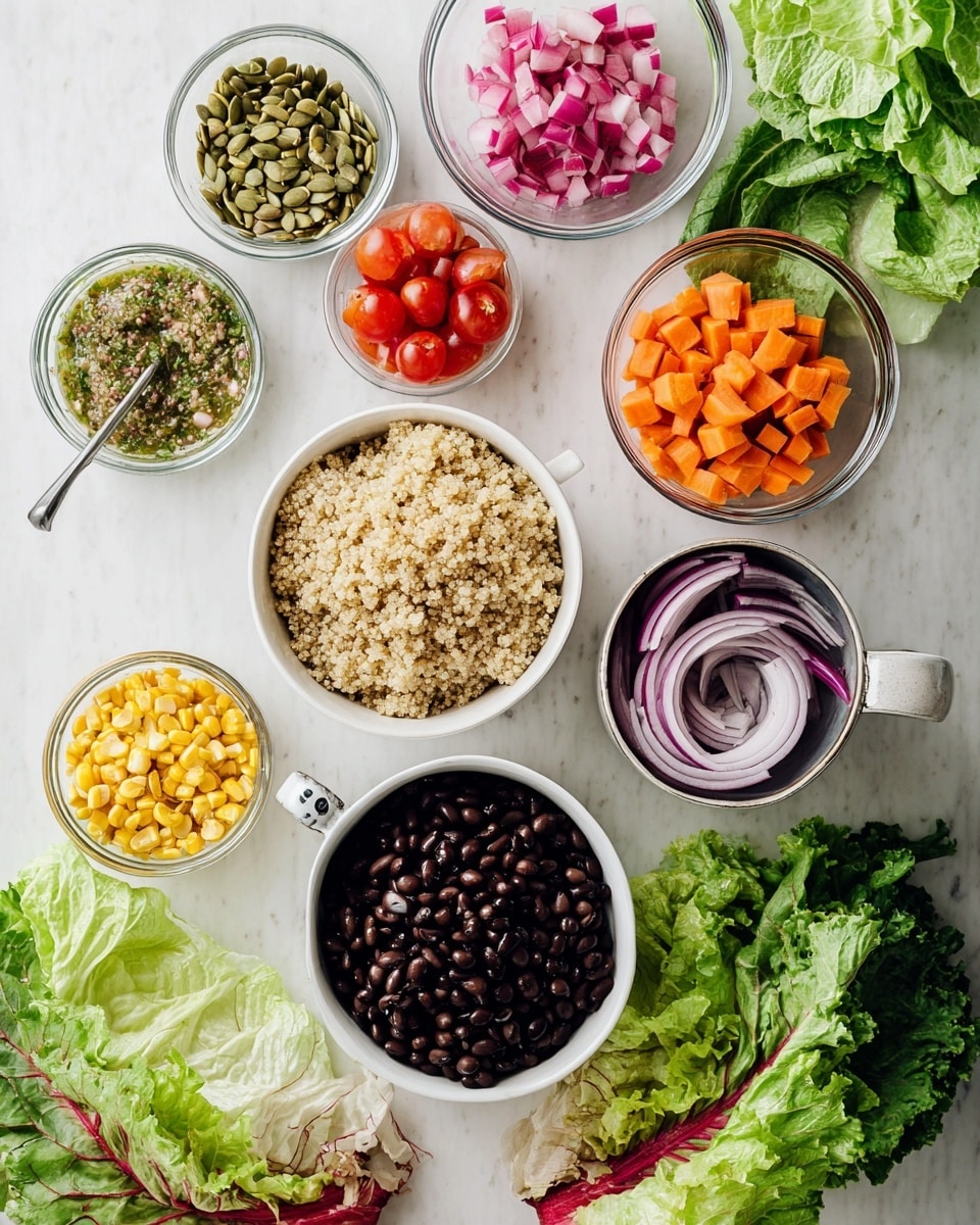 The image shows several small bowls and fresh vegetables placed on a white marbled surface. In the center, a white bowl holds fluffy, light tan quinoa. To its upper left, a glass bowl contains small pink diced tomatoes, and to its upper right, another glass bowl has small orange diced carrots. Below the carrots, a white mug is filled with shiny black beans. Next to the tomatoes, a small glass bowl contains yellow roasted corn. To the left of the corn, a small white bowl has three slices of purple-red grilled onion rings. Above that, a white mug is full of green roasted pumpkin seeds. At the top left, a white bowl with green herb dressing and a small whisk is visible. Surrounding these bowls are fresh green lettuce and leafy radishes with reddish roots and green tops. The colors are bright and fresh, and the setup is clean and organized. Photo taken with an iphone --ar 4:5 --v 7