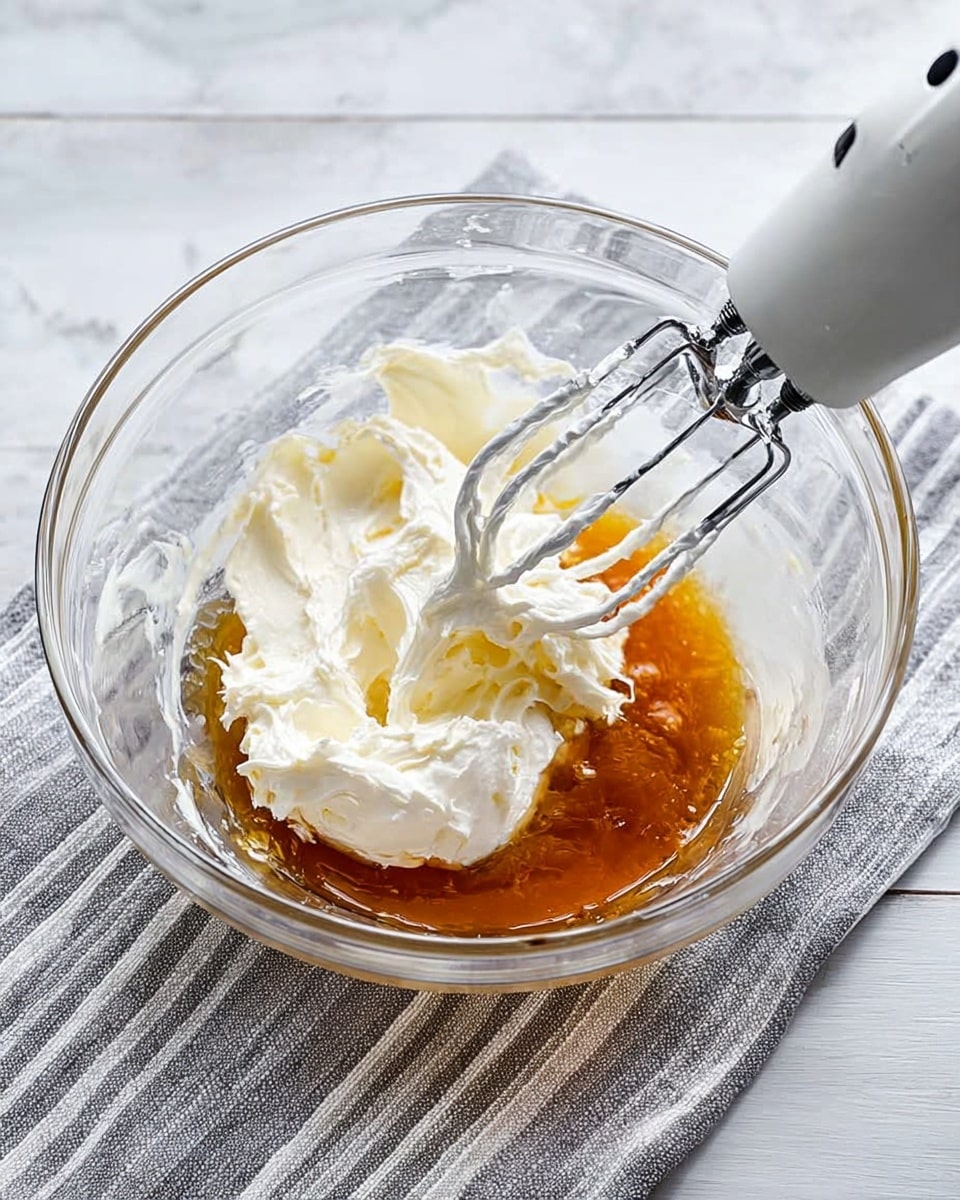 A clear glass bowl is placed on a white marbled surface with a gray striped cloth underneath. Inside the bowl, there are two main layers: a thick, white creamy layer on top and an amber liquid layer below it. An electric hand mixer with metal beaters is partially immersed in the bowl, blending the two layers together. The overall scene shows the mixture in the early stage of blending, with some of the creamy texture clinging to the beaters. photo taken with an iphone --ar 4:5 --v 7