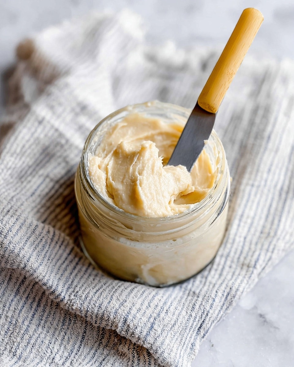 This image shows a small clear glass jar filled with creamy, light beige spread that looks smooth and soft. A knife with a pale yellow handle is inside the jar, partially covered with the spread. The jar is placed on a white and gray striped cloth, which is set on a white marbled surface. The texture of the spread looks thick and easy to scoop. photo taken with an iphone --ar 4:5 --v 7