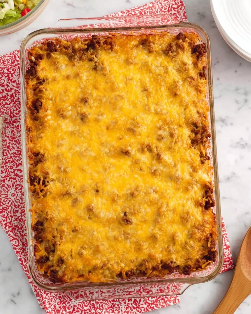 This image shows a baked dish in a clear glass rectangular casserole dish. The dish has two main visible layers: the bottom layer is a browned mixture that looks like minced meat with some small bits of vegetables, and the top layer is a thick, melted golden-yellow cheese covering the entire surface with a slightly bubbly texture. The casserole dish is set on a white marbled surface with a red and white patterned cloth partially underneath it. Nearby objects include a white plate partially visible at the top right and a wooden spoon at the bottom right of the image. Photo taken with an iphone --ar 4:5 --v 7