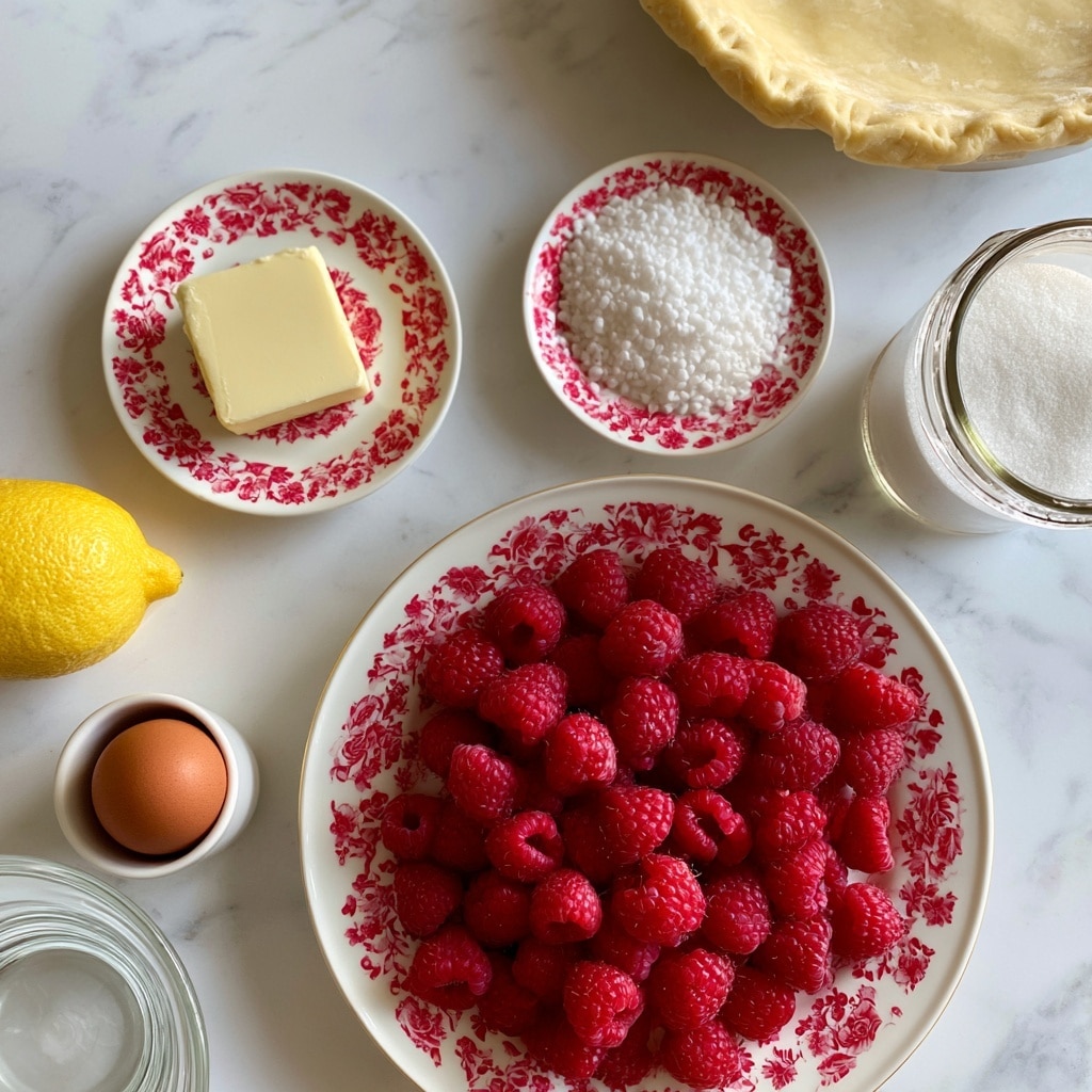 The image shows a top-down view of various ingredients arranged on a white marbled surface. At the center bottom is a large white plate with a red floral pattern, filled with many bright red raspberries. Above it, to the left, is a smaller white plate with the same red floral pattern holding a square piece of pale yellow butter. To the right of the butter plate is another small white plate with the red floral pattern, filled with white tapioca flour. Next to this plate on the right is a clear glass jar filled with white sugar. At the top right corner, partially visible, is an unbaked pie crust dough. On the far left side, there is half of a bright yellow lemon. Below the lemon, there is a small white cup holding a single brown egg, and next to it a clear glass bowl with water. The ingredients are spread neatly and visually appealing. Photo taken with an iphone --ar 4:5 --v 7