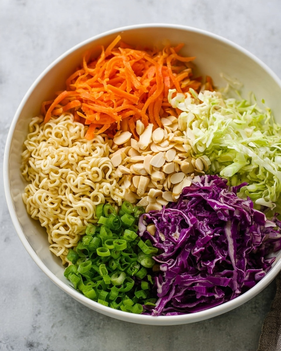 A white bowl filled with six distinct layers of ingredients: pale yellow dry ramen noodles on the left center, bright orange shredded carrots at the back top, light tan sliced almonds on the back right, finely shredded purple cabbage on the lower left, chopped green onions on the lower right, and light green shredded cabbage in the middle beneath other ingredients. The bowl sits on a white marbled surface. Photo taken with an iphone --ar 4:5 --v 7