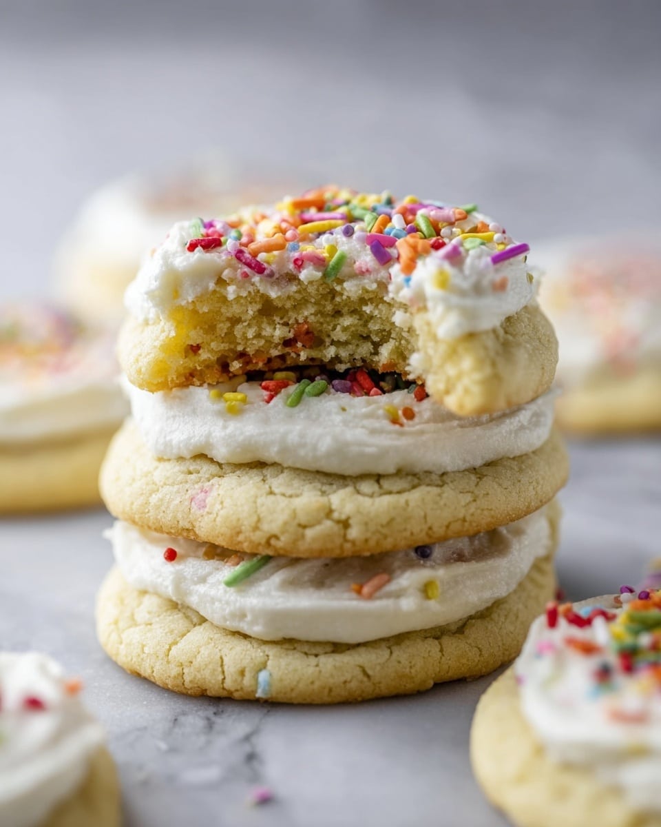 A stack of four light golden cookies is shown on a white marbled surface, each cookie layered with thick white frosting, and the top cookie has colorful small sprinkles scattered on the frosting. The top cookie has a bite taken out of it, revealing the soft, crumbly inside, with sprinkles visible in the frosting between the first and second cookie layers. The cookies have a soft texture with slight cracks on the edges. In the background, more cookies with similar frosting and sprinkles are slightly out of focus. Photo taken with an iphone --ar 4:5 --v 7