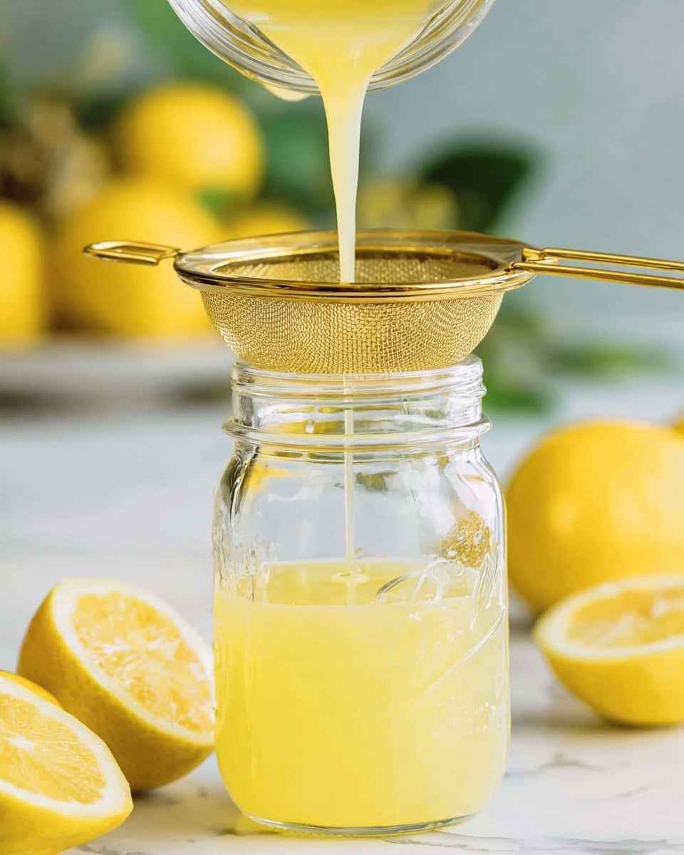 A clear glass jar sits on a white marbled surface, with a thin yellow liquid being poured through a small gold mesh strainer resting on its opening. The liquid flows smoothly down into the jar. Around the jar, there are bright yellow whole and cut lemons, adding vibrant pops of color to the scene. The background is soft and blurry with green and yellow tones, suggesting fresh ingredients nearby. photo taken with an iphone --ar 4:5 --v 7