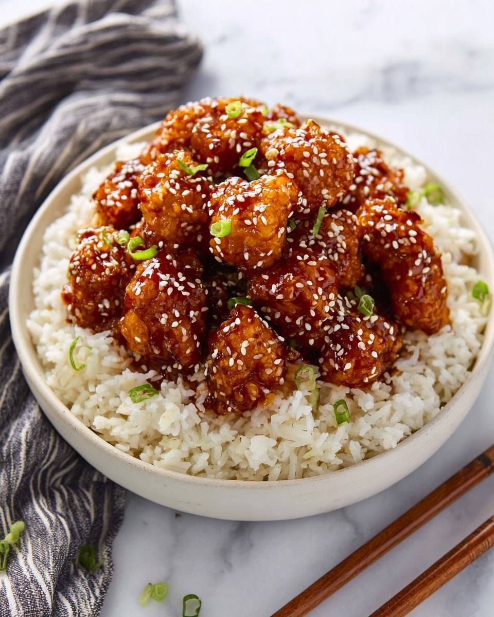 A white bowl filled with a base layer of fluffy white rice showing grain texture, topped with a pile of golden-brown fried pieces coated in a thick, shiny reddish-brown sauce. The sauce-covered pieces are sprinkled with white sesame seeds and small green onion slices, adding contrast. The bowl sits on a white marbled surface, with chopsticks and a gray-and-white striped cloth napkin nearby. photo taken with an iphone --ar 4:5 --v 7