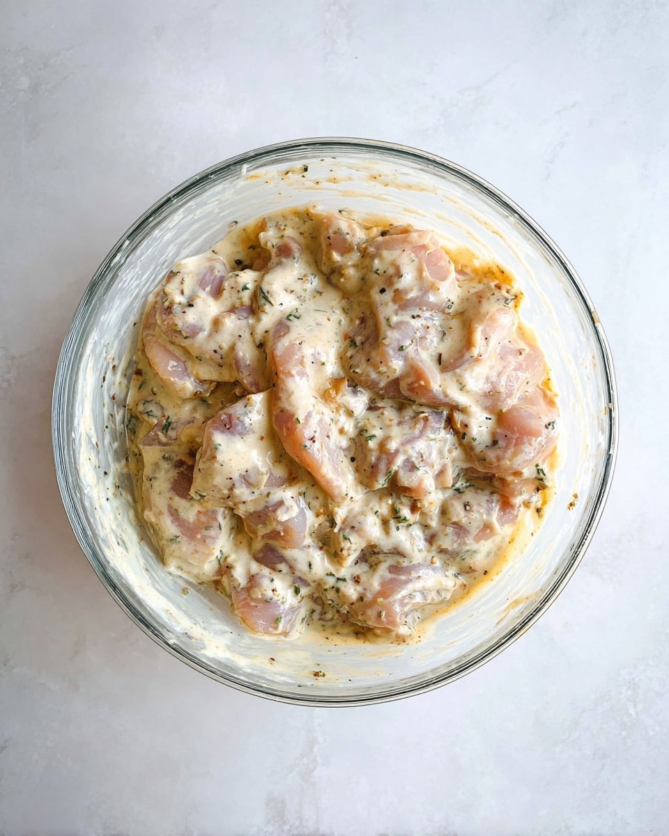 A top view of a clear glass bowl filled with raw chicken pieces covered thickly in a creamy mixture that is light beige with visible specks of black and green herbs, sitting on a white marbled surface, showing the smooth texture of the sauce blending into the pinkish chicken under it photo taken with an iphone --ar 4:5 --v 7