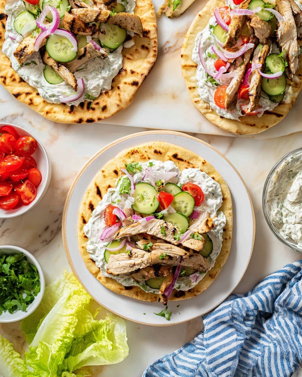 The image shows soft grilled flatbreads layered with a thick layer of white sauce with green herb specks spread all over; on top, there are thin slices of light brown grilled chicken pieces, curved thin slices of cucumber, small red diced tomatoes, thin strips of bright purple onion, and bright green leafy lettuce arranged evenly. There are two assembled flatbreads on a white plate and one open flatbread on a white marbled surface with some loose lettuce leaves around. The setup also includes small bowls with fresh chopped lettuce and diced tomatoes, with a striped blue and white cloth visible in the top right corner. Photo taken with an iphone --ar 4:5 --v 7