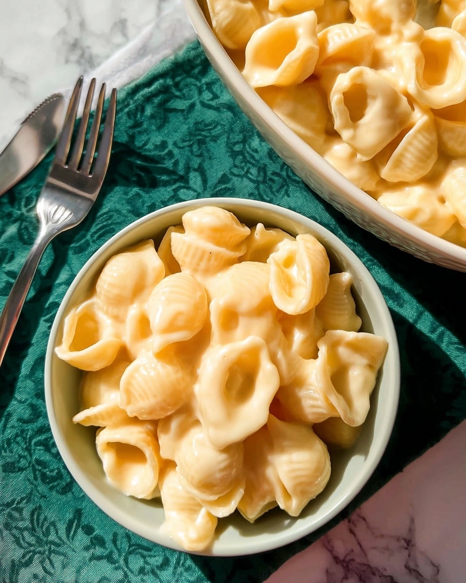 A close-up view of two containers filled with creamy macaroni and cheese. The main focus is a small white bowl filled with shell-shaped pasta coated in a thick, smooth, pale yellow cheese sauce. The pasta pieces have a soft, rounded texture and are piled high, showing some cheese filling inside the shells. To the right, part of an oval white dish is visible, also filled with the same creamy macaroni, with pasta shells floating in the cheese sauce. Both containers rest on a dark green cloth with a subtle pattern, which lays on a white marbled surface. A shiny fork is placed diagonally near the top left corner of the image. The photo taken with an iphone --ar 4:5 --v 7