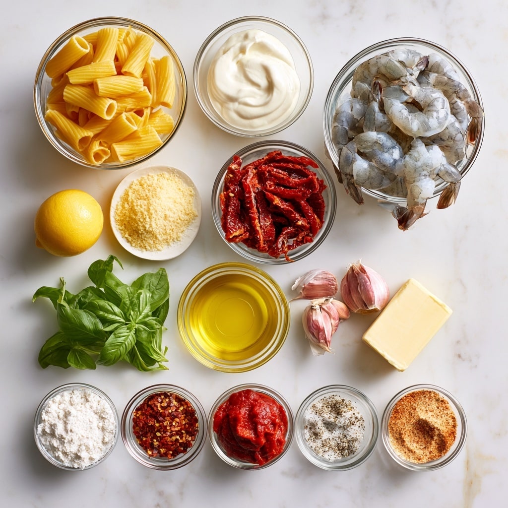 The image shows many clear glass bowls and small plates with different cooking ingredients placed on a white marbled surface. At the top center is a bowl with yellow rigatoni pasta, to its right is a bowl of white cream, and below the pasta bowl is a bowl of red sun-dried tomatoes. To the right of the sun-dried tomatoes is a bowl filled with gray raw shrimp with tails. There is a yellow lemon placed on the left middle side above a small white plate with a wedge of light yellow parmesan cheese. Below the lemon is a small bowl with bright green basil leaves. Around the middle right side is a small bowl of yellow olive oil and next to it are three pinkish garlic cloves. Below the garlic is a clear bowl of pale yellow unsalted butter. At the bottom left are four small bowls with white flour, red chili flakes, red tomato paste, and a mix of white salt and black pepper. To the right of these bowls is a small bowl containing a light brown seasoning mix labeled sweet paprika and garlic powder. The whole setup is clean and neatly arranged, with a bright look. photo taken with an iphone --ar 4:5 --v 7