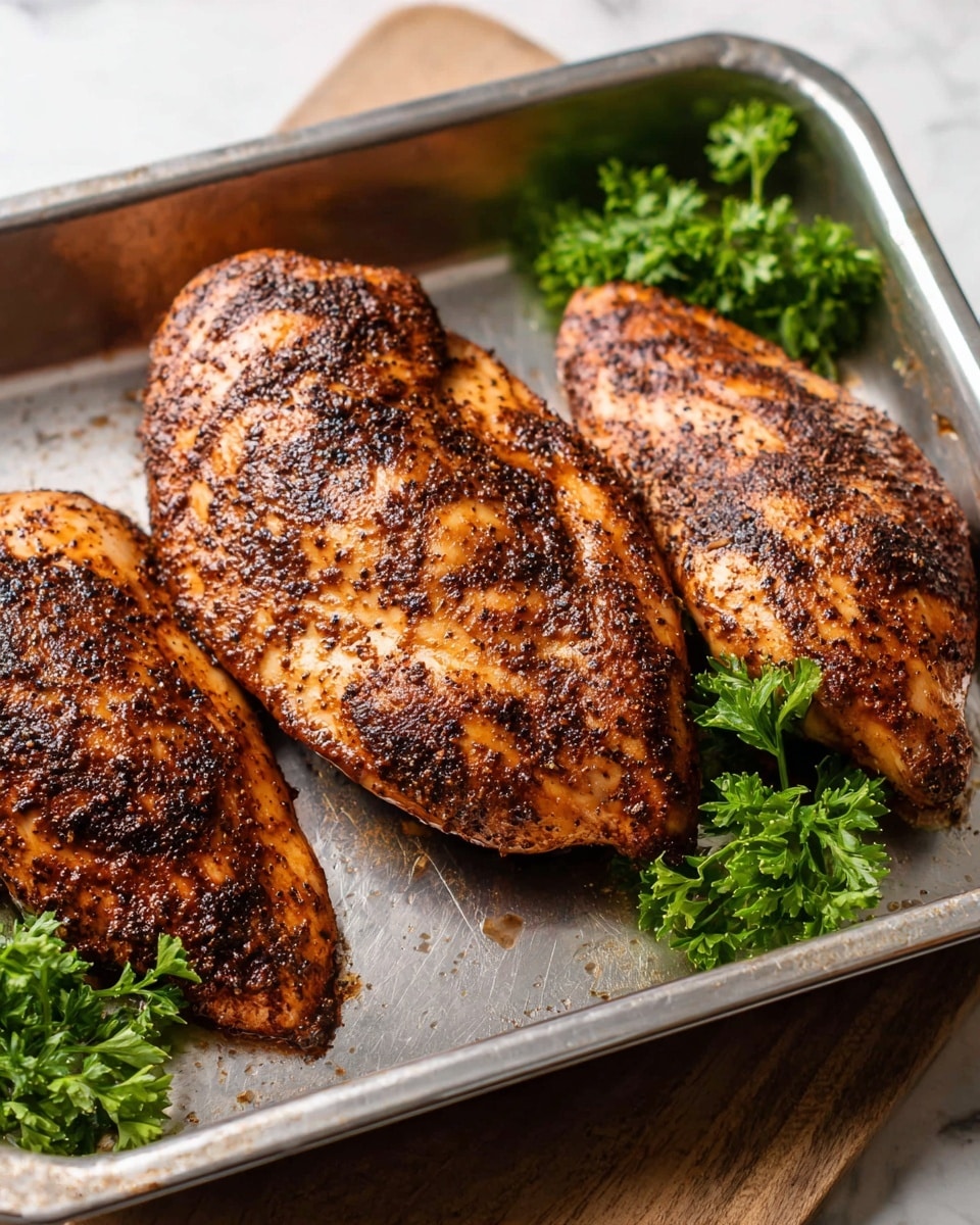 Three pieces of cooked chicken with a dark peppery seasoning cover the top. The chicken has a shiny, slightly oily texture with visible grill marks. The pieces sit inside a metal tray with a few sprigs of green parsley placed beside it. The tray is on a white marbled surface. Photo taken with an iphone --ar 4:5 --v 7
