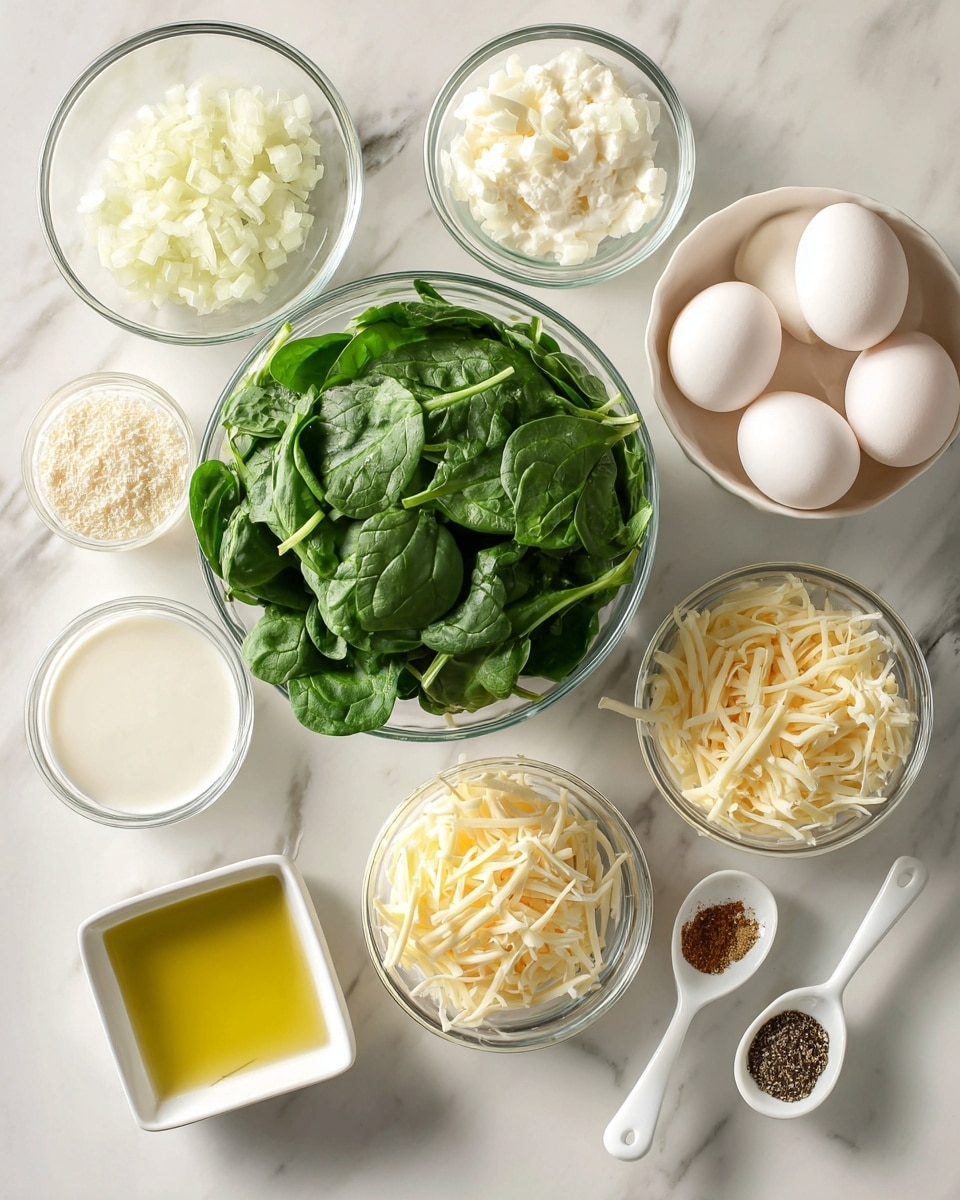A top-down view shows several small white bowls and dishes arranged on a white marbled surface, each containing different ingredients. The center has a large clear glass bowl filled with fresh green spinach leaves. Above the spinach to the left is a white bowl of finely chopped onions, while below it is a white bowl with grated parmesan cheese and another with four whole eggs. To the right of the spinach are three clear glass bowls: the top one holds white milk, below it crumbled white feta cheese, and further down shredded pale yellow gruyere cheese. In front of the spinach is a small white square dish with golden olive oil, flanked by small white spoons containing chopped garlic on the left, ground nutmeg on the right, and salt and black pepper in the center. Each ingredient is labeled in bold black text above or below the bowls. Photo taken with an iphone --ar 4:5 --v 7