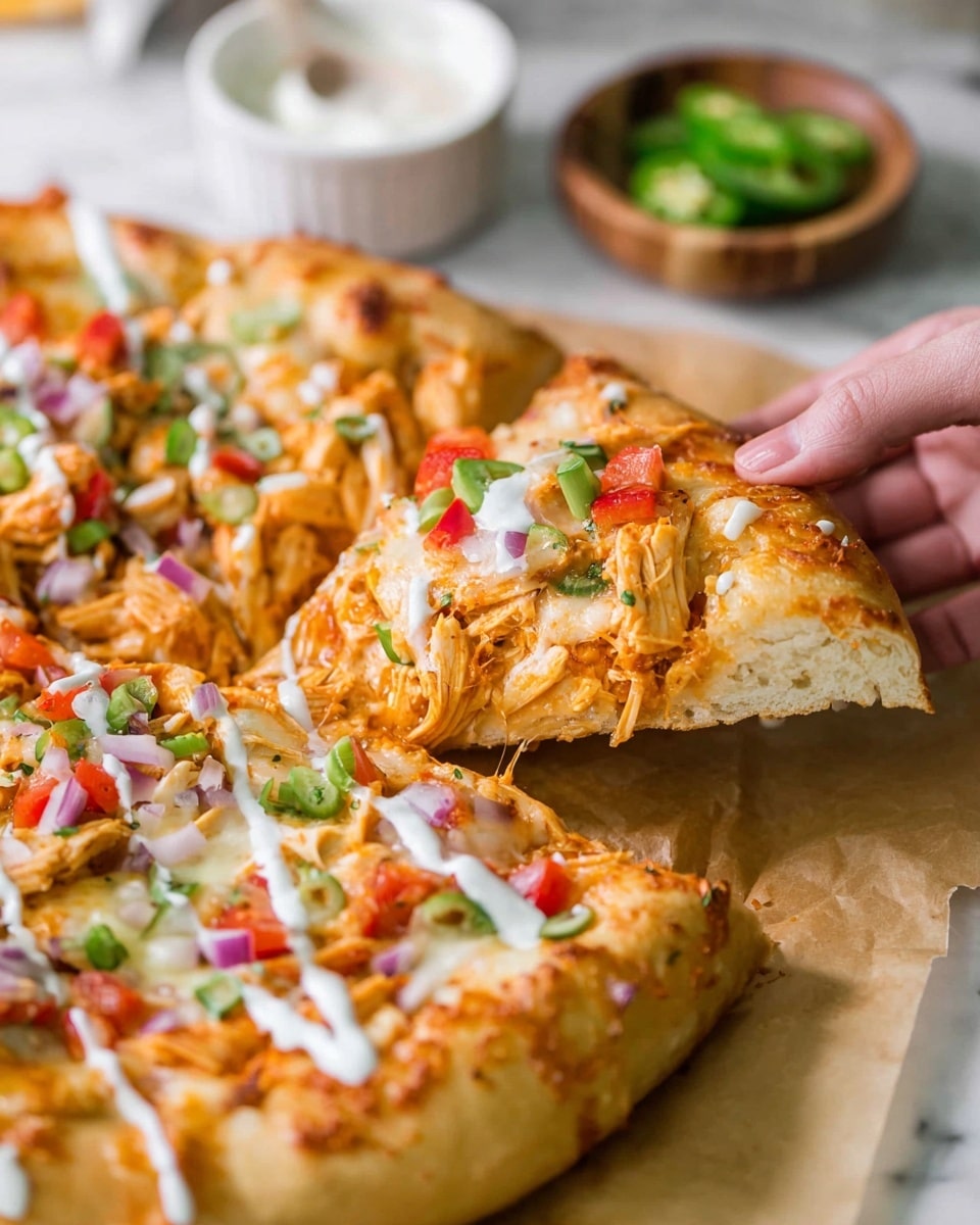 A close-up of a pizza slice being picked up by a woman's hand from a whole pizza on parchment paper over a white marbled surface. The pizza has three main layers: a thick, golden-brown crust base; a middle layer of shredded orange chicken mixed with melted cheese; and a top layer sprinkled with small pieces of red tomato, green onion, and red onion strips. White ranch dressing is drizzled unevenly over the entire pizza, adding a creamy texture. In the background, a white ramekin with ranch dressing and a small wooden bowl with green sliced jalapenos are visible but out of focus. Photo taken with an iphone --ar 4:5 --v 7