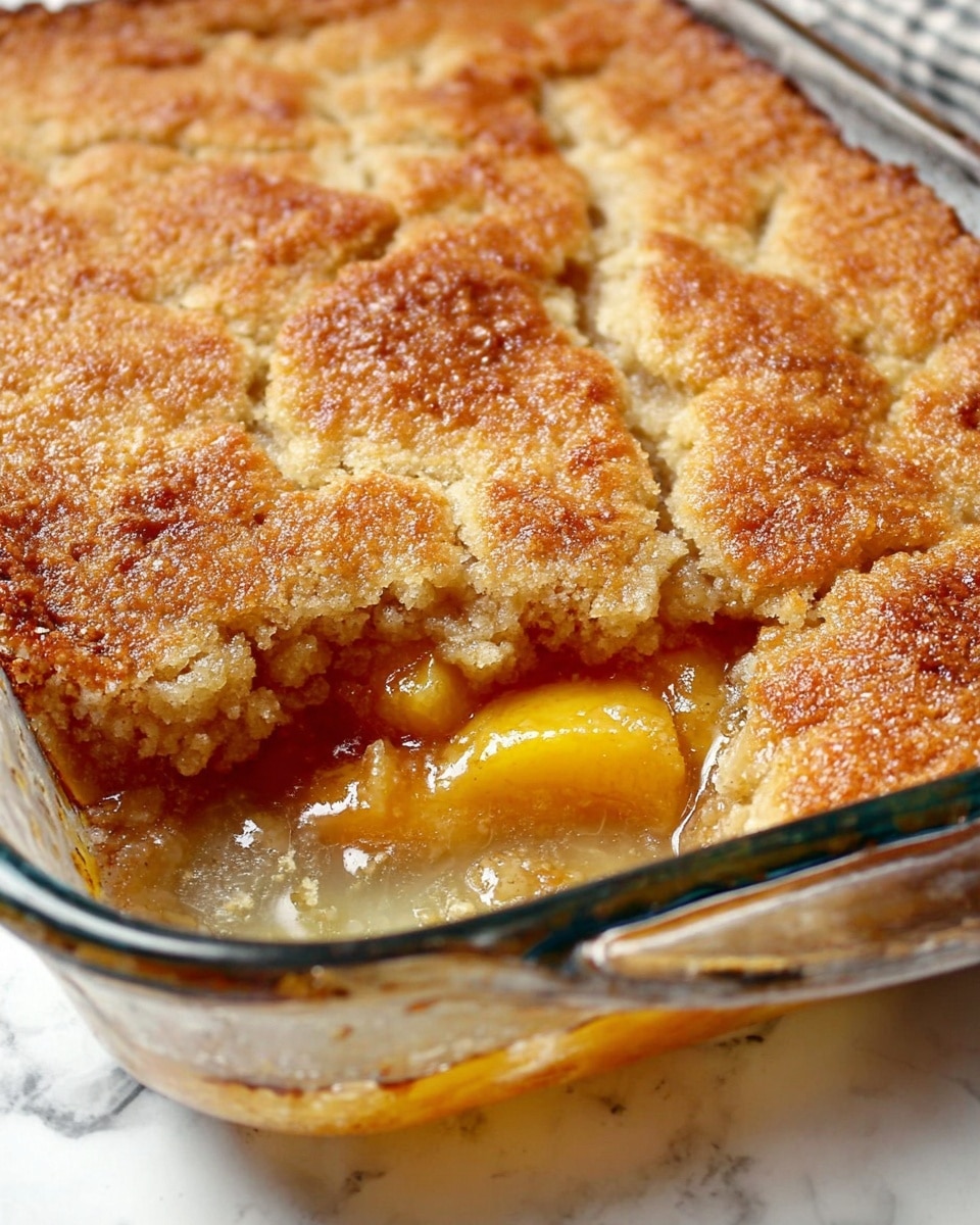 The image shows a glass baking dish filled with peach cobbler. The cobbler has one thick golden brown crust layer on top, with a rough and slightly cracked texture. Under the crust, there is a juicy layer of soft peach slices in a light syrup that looks smooth and shiny. The crust edges are slightly browned and uneven, dripping some syrup into the corners of the clear dish. The dish is placed on a white marbled surface. photo taken with an iphone --ar 4:5 --v 7