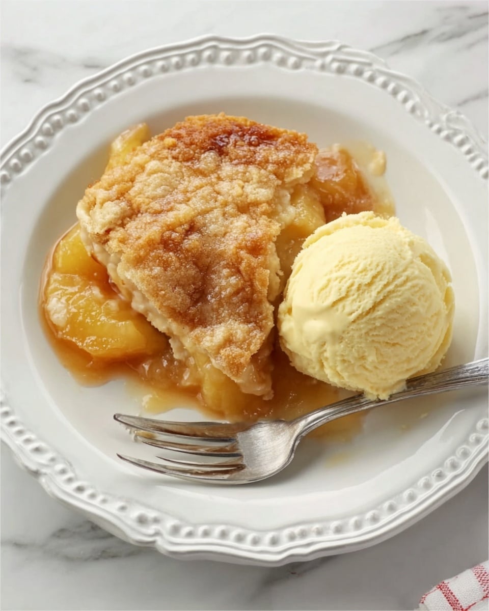 A white plate with decorative edges holds a dessert with two parts: a golden brown baked top layer that looks crispy, covering a thick, gooey layer of soft, shiny peach filling with light orange and yellow tones. Next to it is a scoop of pale yellow ice cream with a creamy, slightly textured surface. A silver fork rests on the plate beside the dessert. The plate is placed on a white marbled surface. Photo taken with an iphone --ar 4:5 --v 7