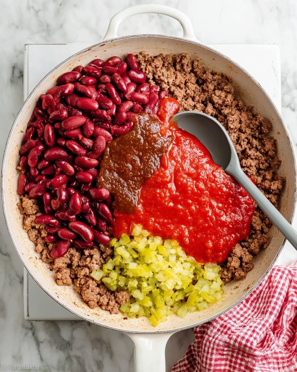 Inside a white pan, cooked ground meat forms the bottom layer, light brown and crumbly, spread evenly around the base. On one side, there is a heap of shiny red kidney beans with a dark brown spoonful of thick sauce on top near the center. Next to the beans, bright green chopped pickles add a chunky texture. Covering another part of the pan is a layer of smooth, thick red tomato sauce, which looks rich and slightly glossy. A gray spoon rests inside the pan, partially over the meat and sauce. The pan is set on a white marbled surface with a red and white checkered cloth partly visible on the right side. photo taken with an iphone --ar 4:5 --v 7