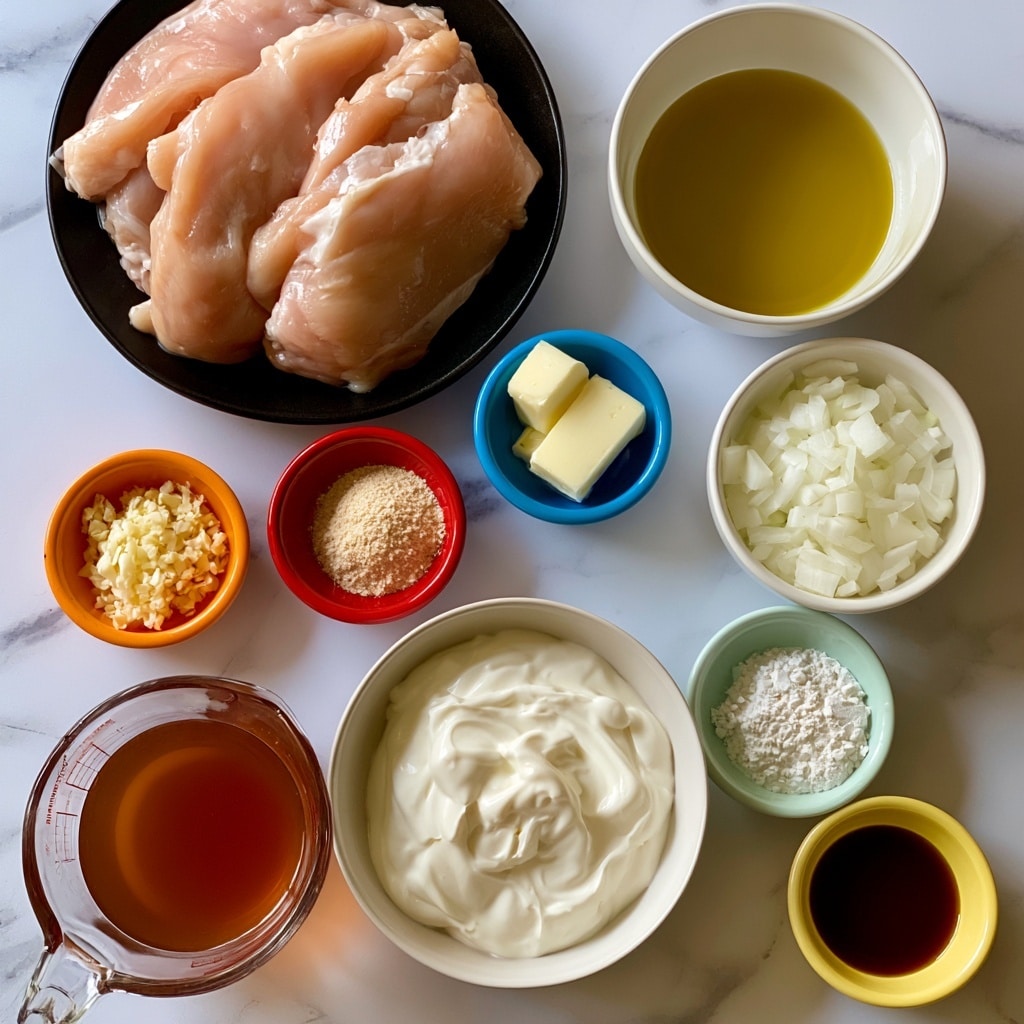 The image shows several ingredients arranged on a white marbled surface. In the top left is a black plate holding three thick, pale pink pieces of raw chicken. To the right is a white bowl with golden yellow olive oil. Below the chicken, there are small colorful bowls: an orange bowl with minced garlic, a red bowl with light beige garlic powder, and a blue bowl with two pieces of pale yellow butter. Near the center right, a white bowl holds chopped white onions. Near the bottom center, a larger white bowl contains smooth, white sour cream. Below the sour cream, a clear measuring cup filled with amber chicken broth stands on the left side. To the right of that, a small light green bowl holds white flour, and a small yellow bowl contains dark brown Worcestershire sauce. All items are carefully spaced, with clear labels next to each ingredient. Photo taken with an iphone --ar 4:5 --v 7