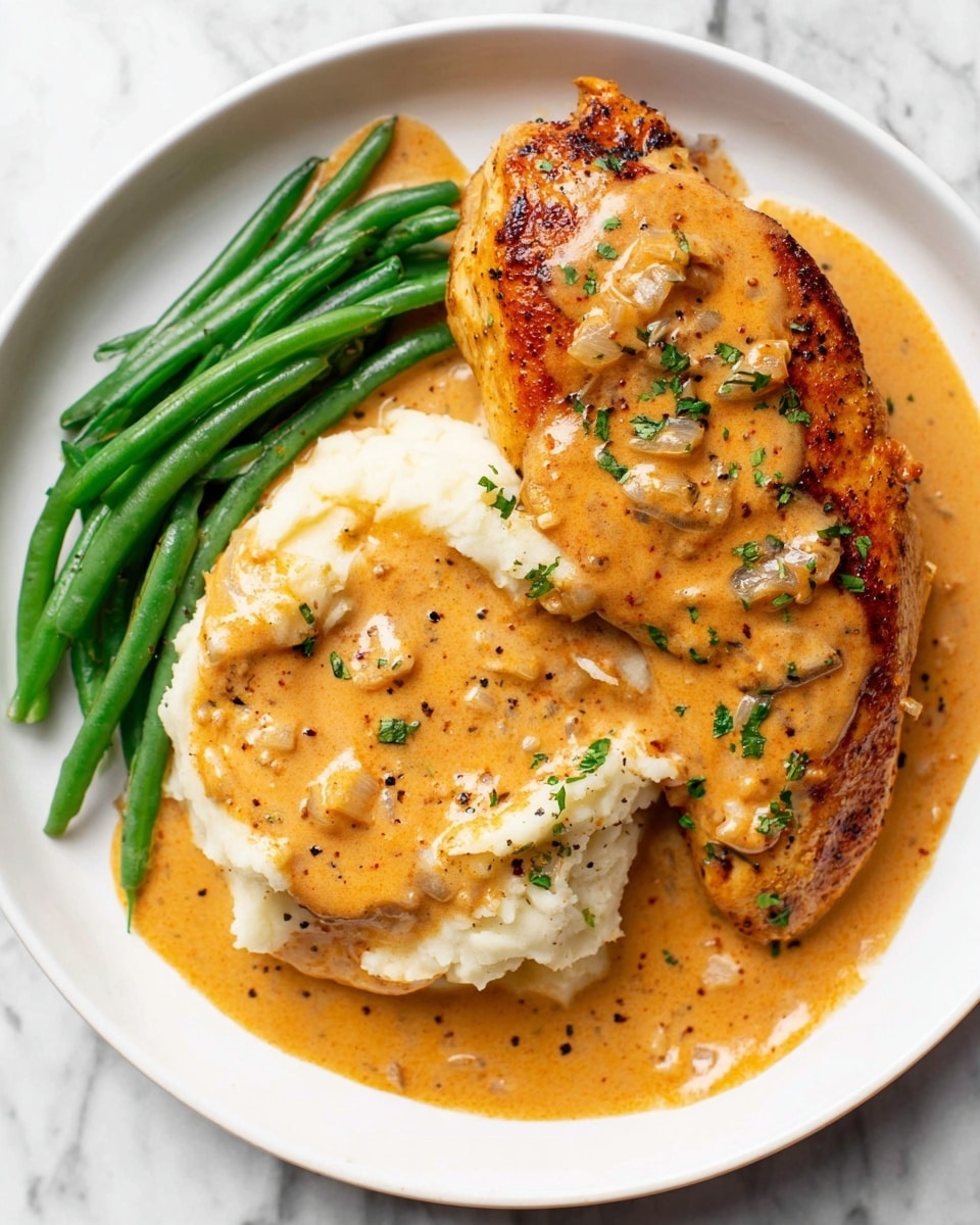 The dish shows one large piece of browned chicken on the top left side of a white plate, covered with a thick, creamy orange sauce with small pieces of onions and green herbs sprinkled on top. On the right side of the plate there is a scoop of white mashed potatoes also covered in the same orange sauce with visible black pepper and herbs. On the bottom left side, bright green steamed green beans are neatly arranged in a small bunch with a slight drizzle of the same sauce. The plate sits on a white marbled surface. photo taken with an iphone --ar 4:5 --v 7