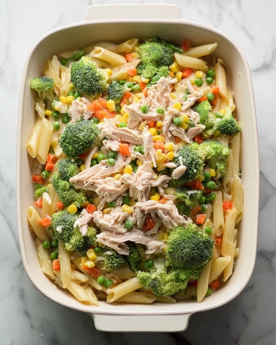 A white rectangular dish holds a layered pasta meal on a white marbled surface. The bottom layer is yellow penne pasta, topped unevenly with bright green broccoli florets. On top of the broccoli lies a layer of shredded white chicken. Scattered across the chicken and vegetables are small mixed vegetable pieces including diced orange carrots, yellow corn kernels, and green peas. The colors are vibrant and fresh, with a mix of soft and firm textures visible. Photo taken with an iphone --ar 4:5 --v 7
