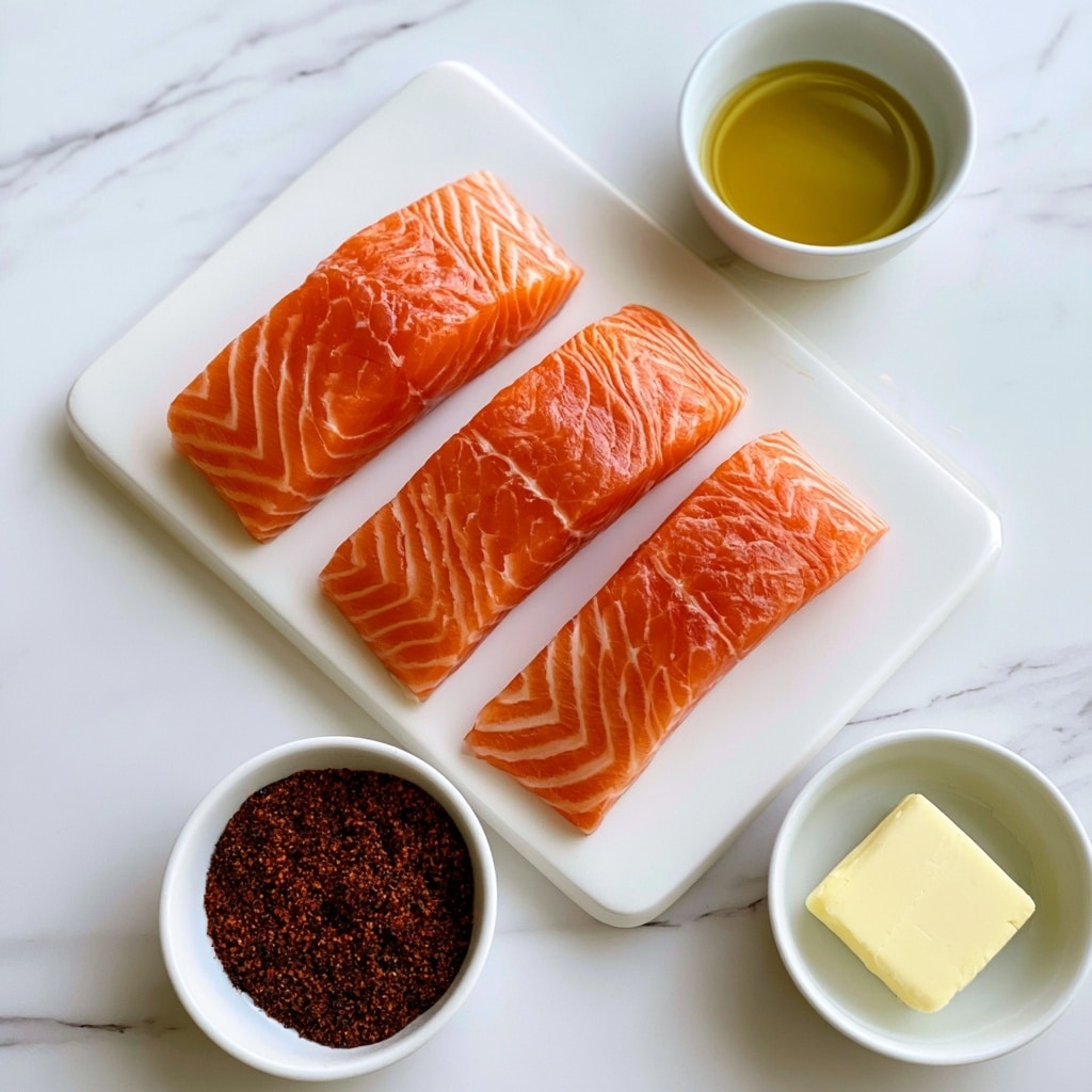 The image shows four pieces of raw salmon with bright orange flesh and light white lines, arranged in a slightly diagonal line on a white cutting board placed on a white marbled surface. To the upper right of the board is a small white bowl filled with golden olive oil. Below the cutting board, a small white bowl holds a rich dark brown blackened seasoning, and to the right of it, there is another small white bowl with a square piece of light yellow butter. The colors are vibrant and the overall look is clean and fresh photo taken with an iphone --ar 4:5 --v 7