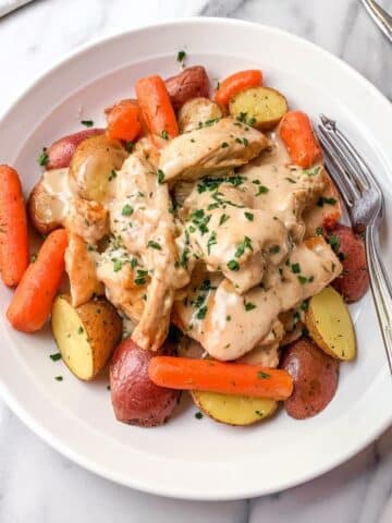 Italian Dressing Chicken with Roasted Potatoes and Carrots in Creamy Gravy Recipe